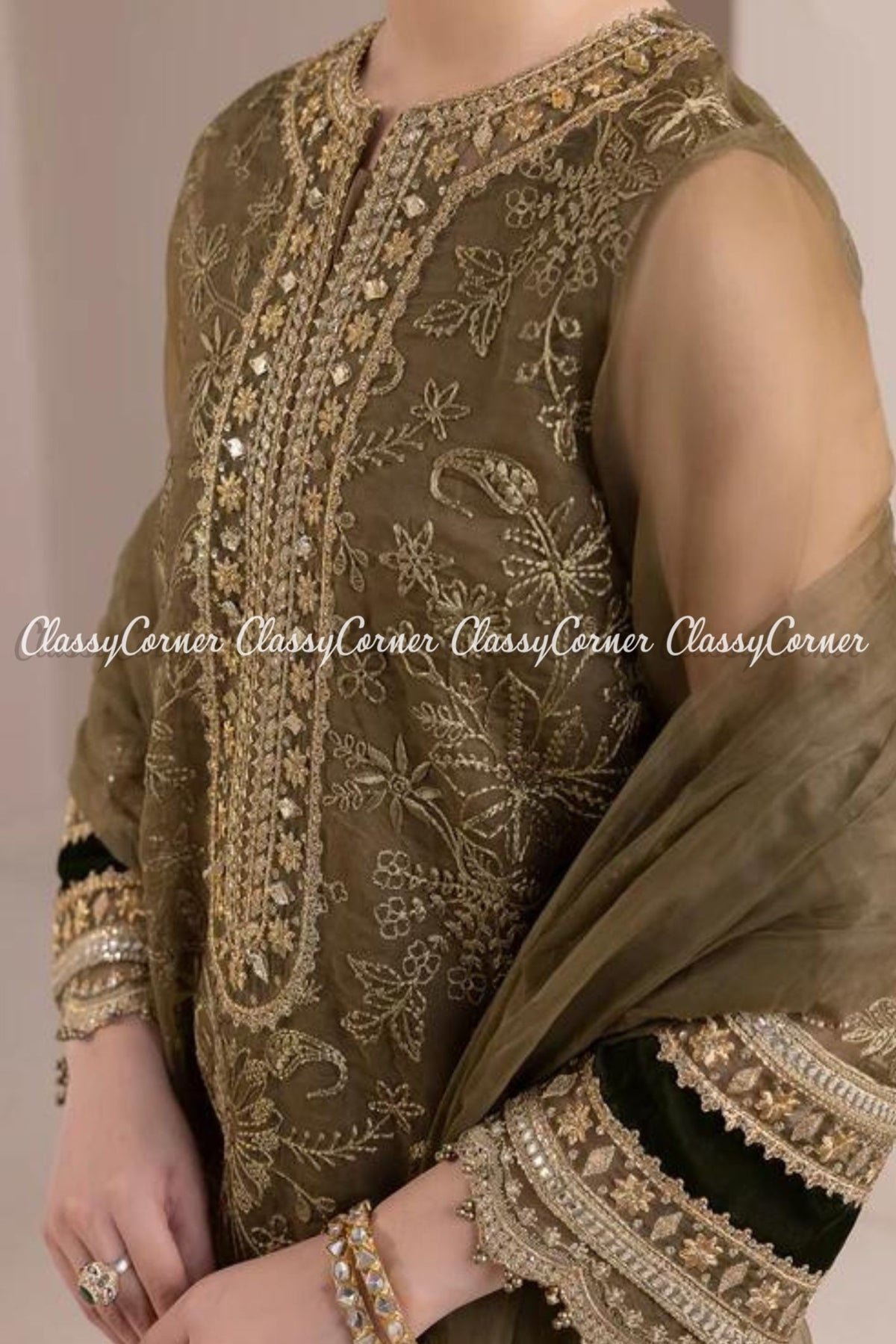 Light Brown Golden Organza Embroidered Salwar Kameez