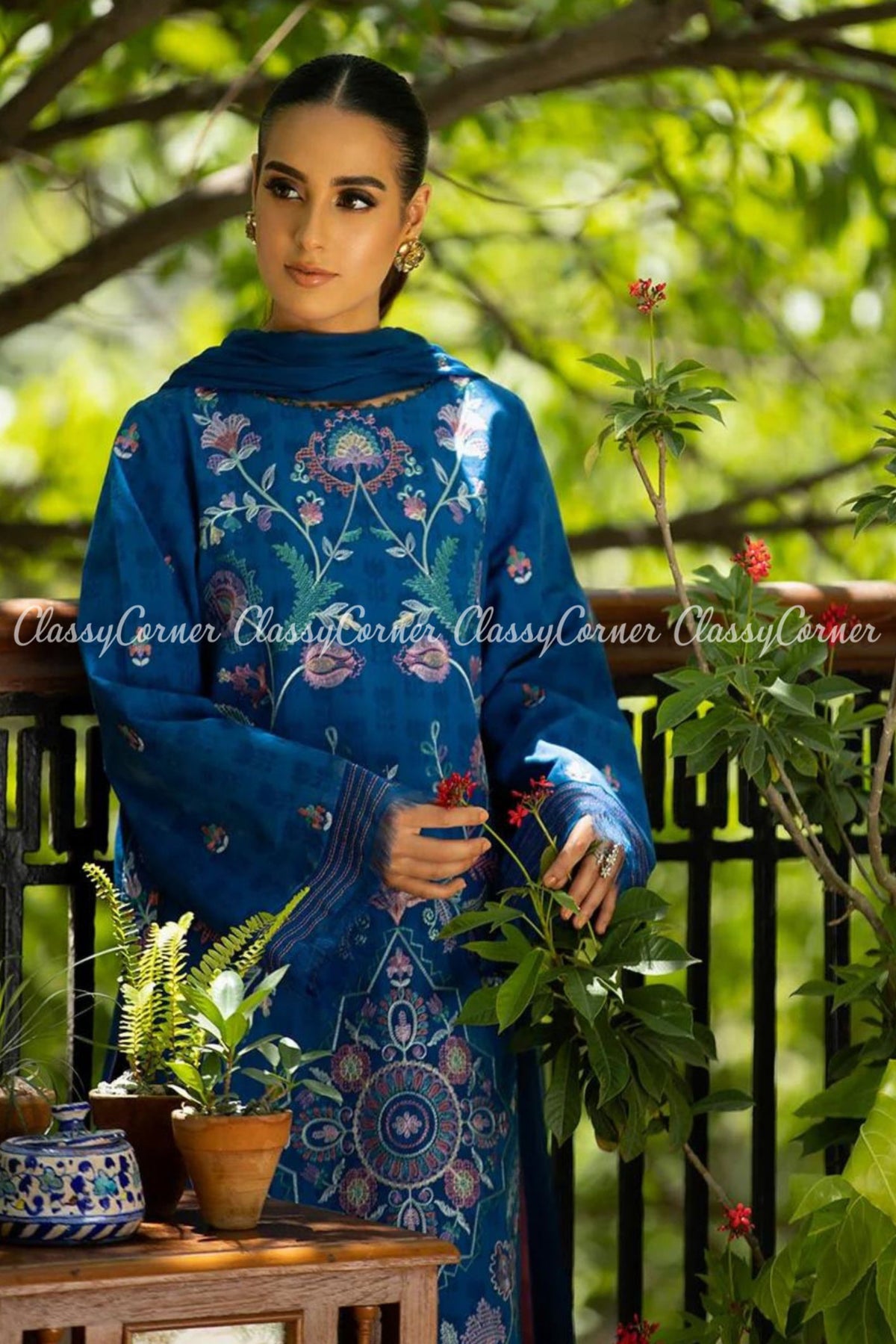 Bright Blue Floral Embroidered Formal Wear Salwar Kameez