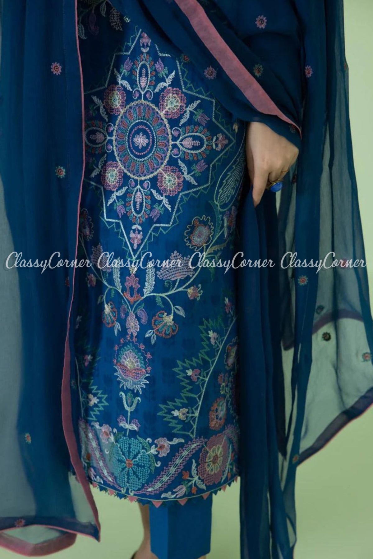 Bright Blue Floral Embroidered Formal Wear Salwar Kameez