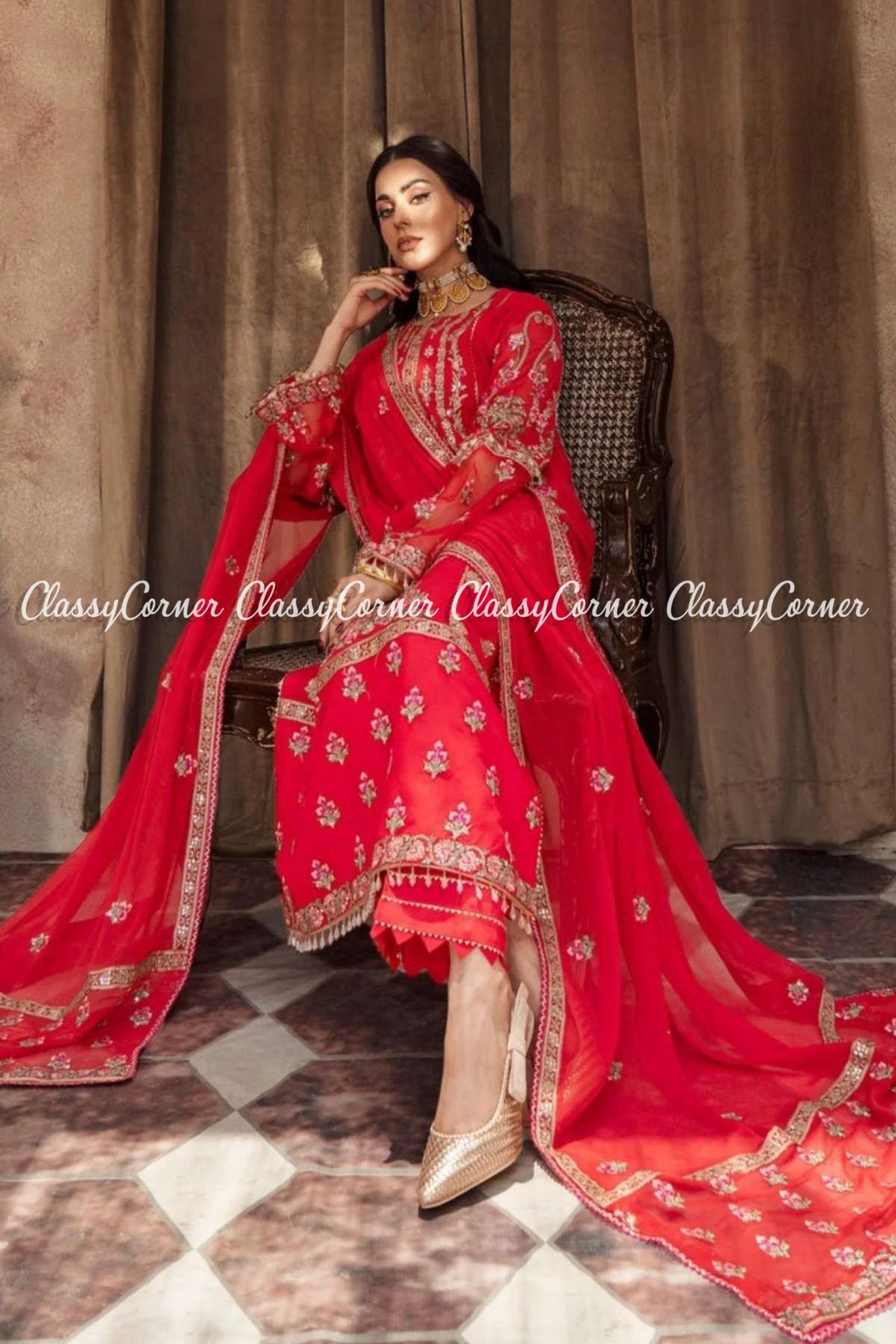 Bright Red Golden Chiffon Embroidered Formal Wear Salwar Kameez