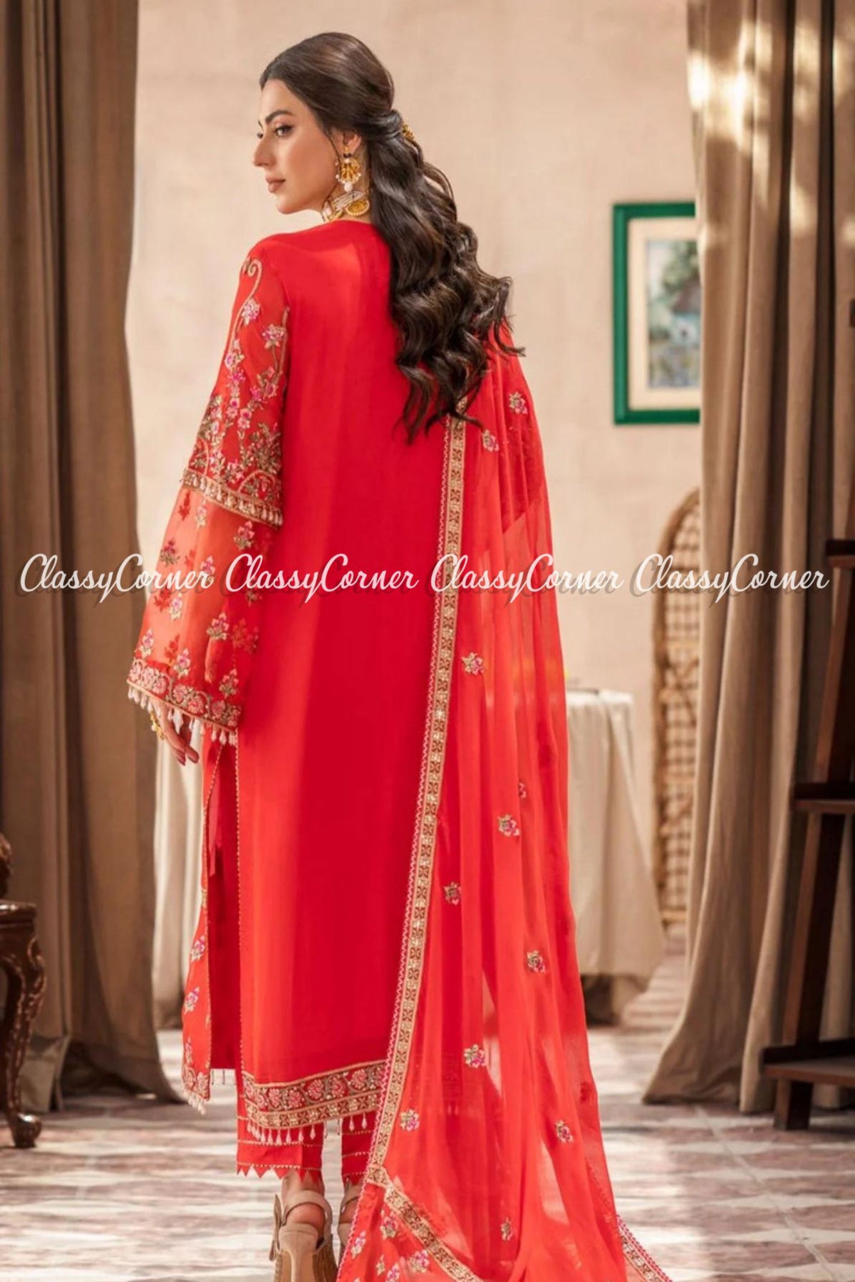 Bright Red Golden Chiffon Embroidered Formal Wear Salwar Kameez