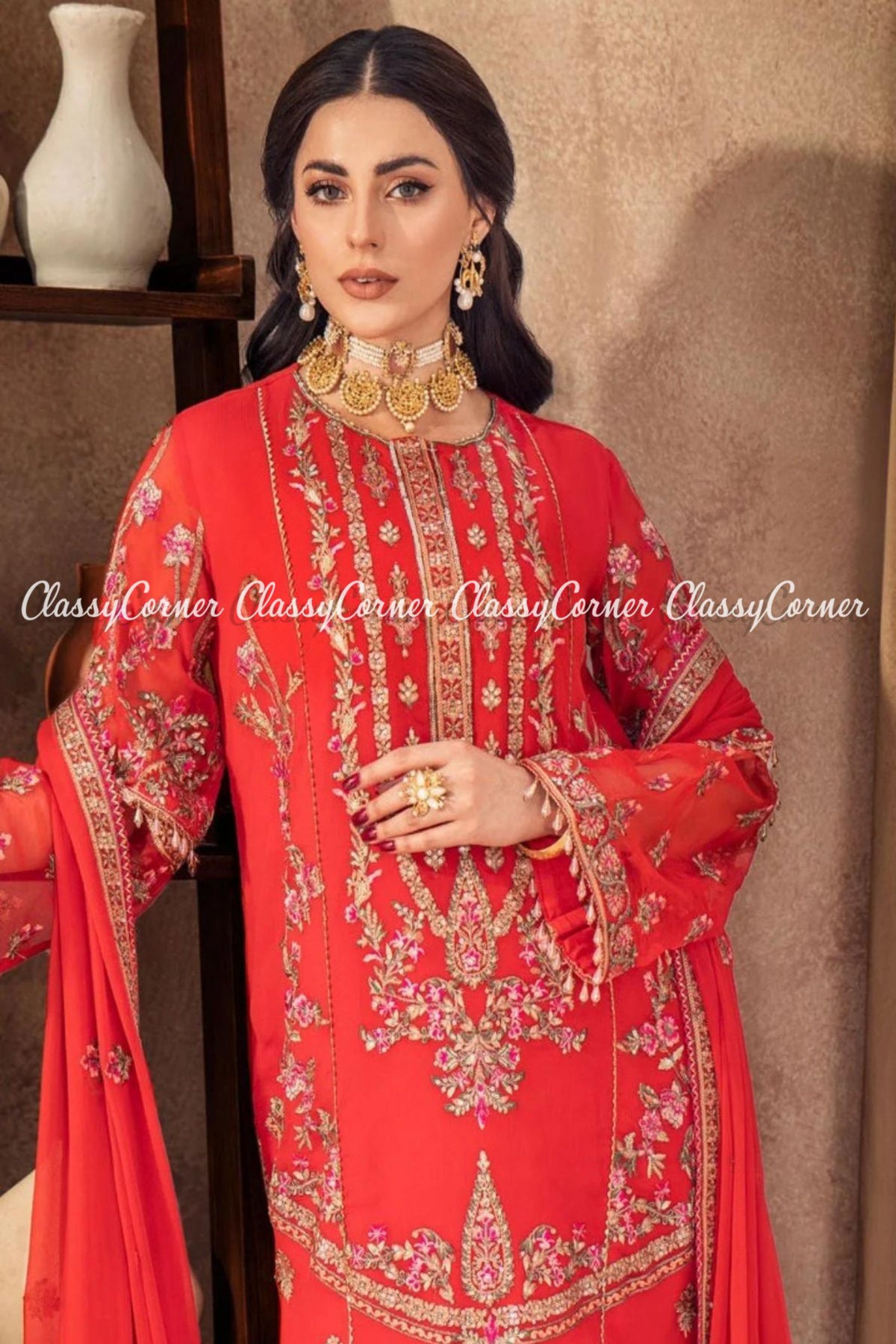 Bright Red Golden Chiffon Embroidered Formal Wear Salwar Kameez