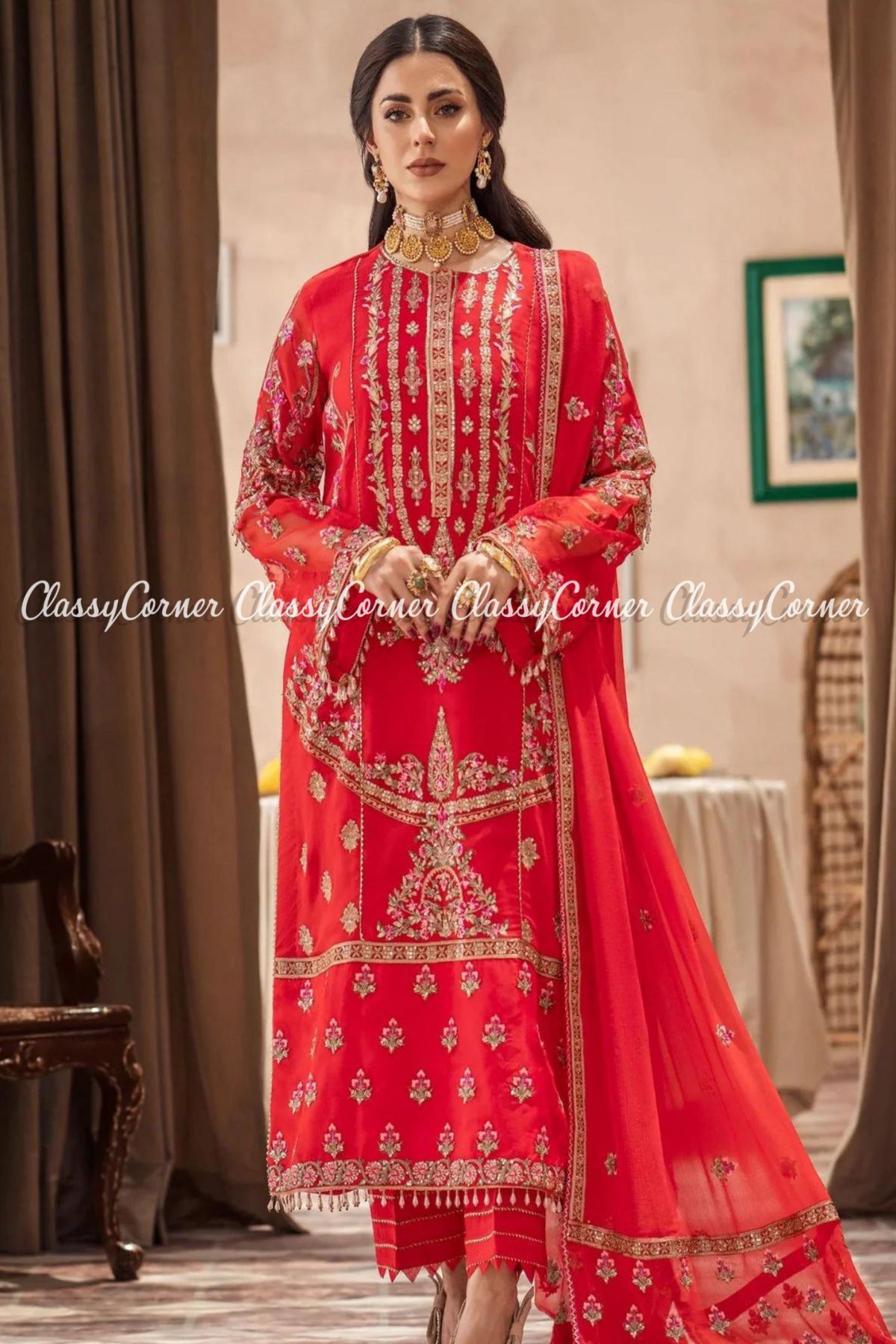 Bright Red Golden Chiffon Embroidered Formal Wear Salwar Kameez