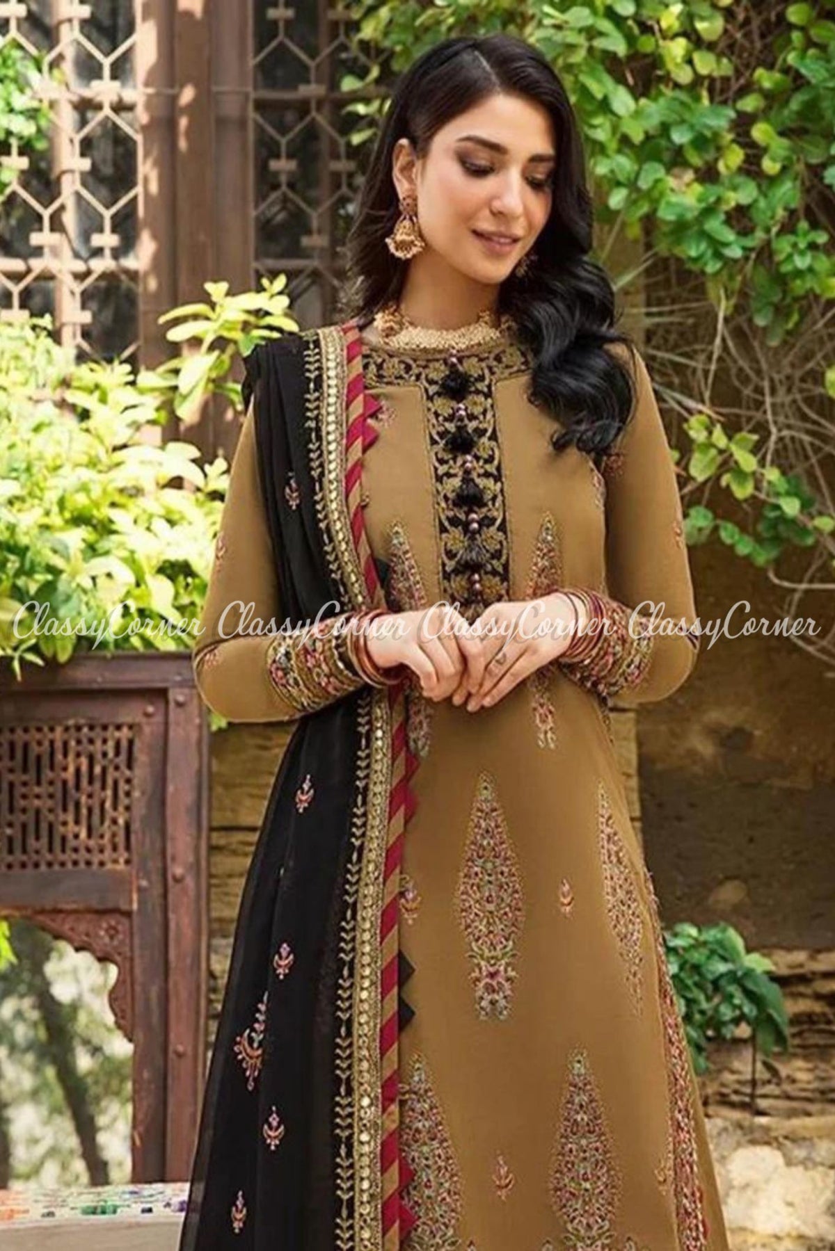 Pakistani Brown Black Lawn Embroidered Gharara Dress