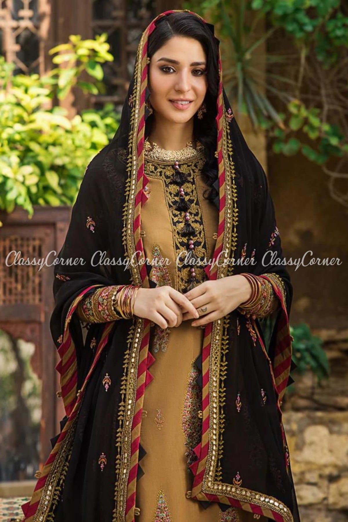 Pakistani Brown Black Lawn Embroidered Gharara Dress