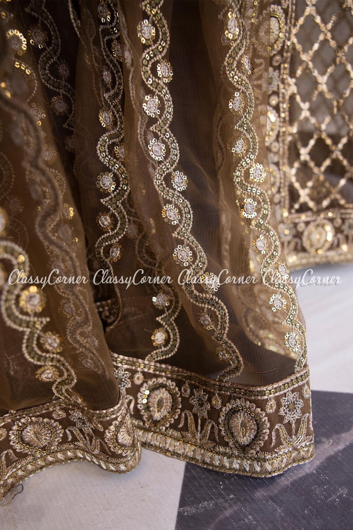 Brown Golden Net Embellished Wedding Wear Gharara