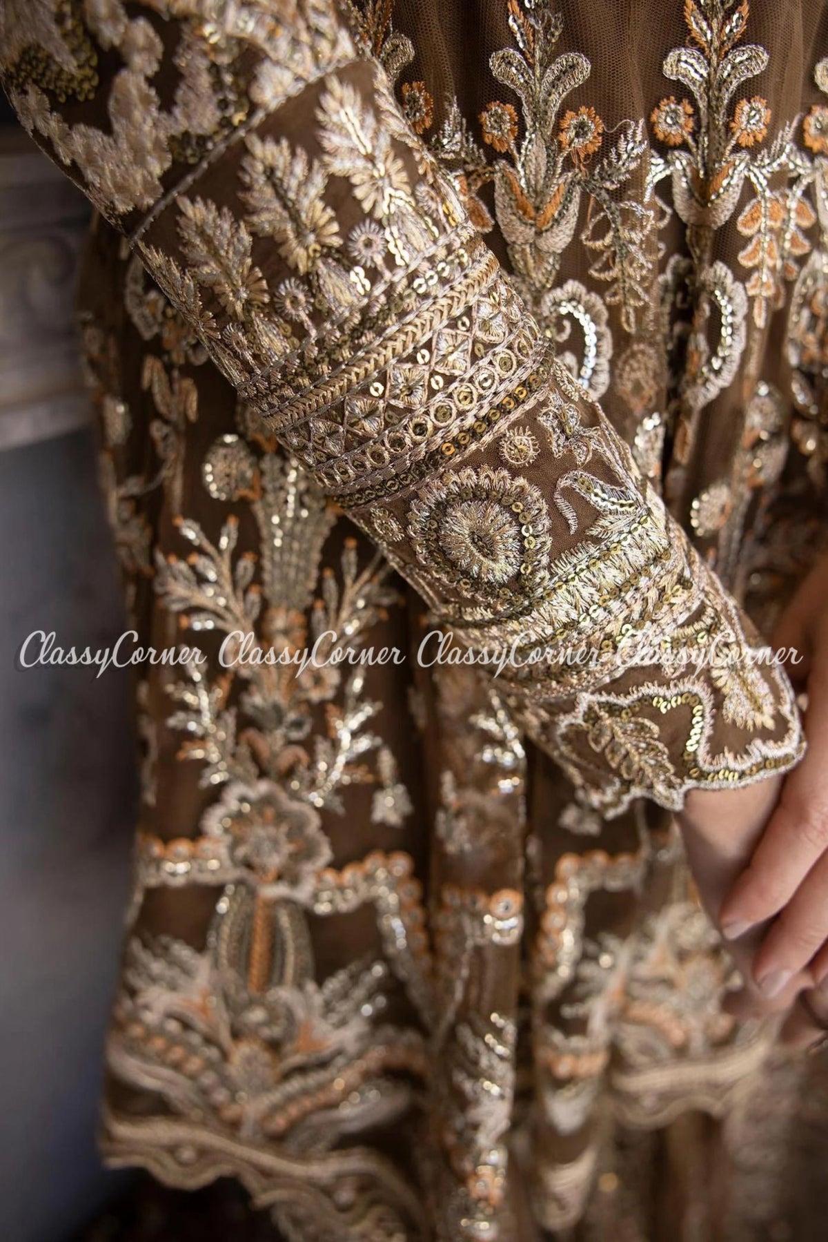 Brown Golden Net Embellished Wedding Wear Gharara