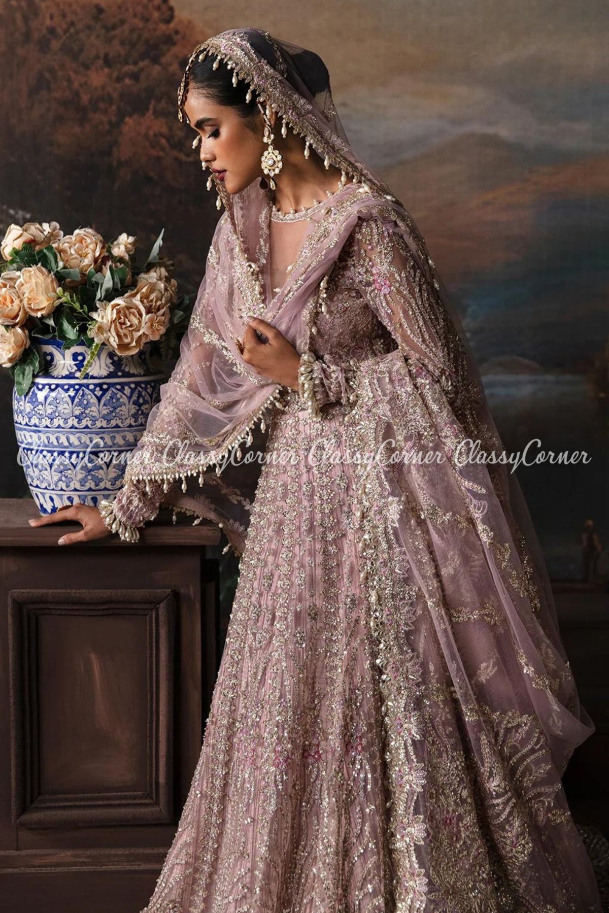 Lilac Golden Net Embellished Wedding Wear Gown