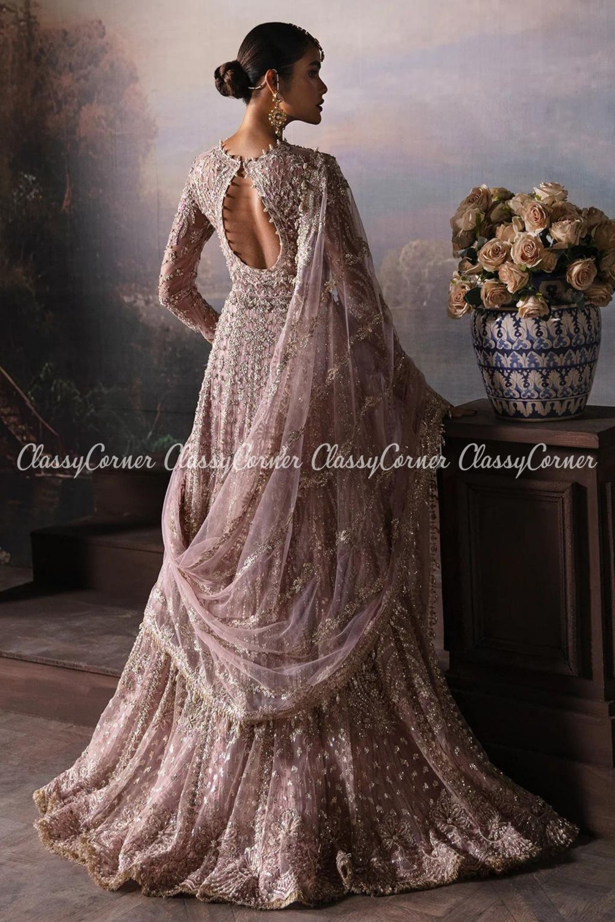 Lilac Golden Net Embellished Wedding Wear Gown