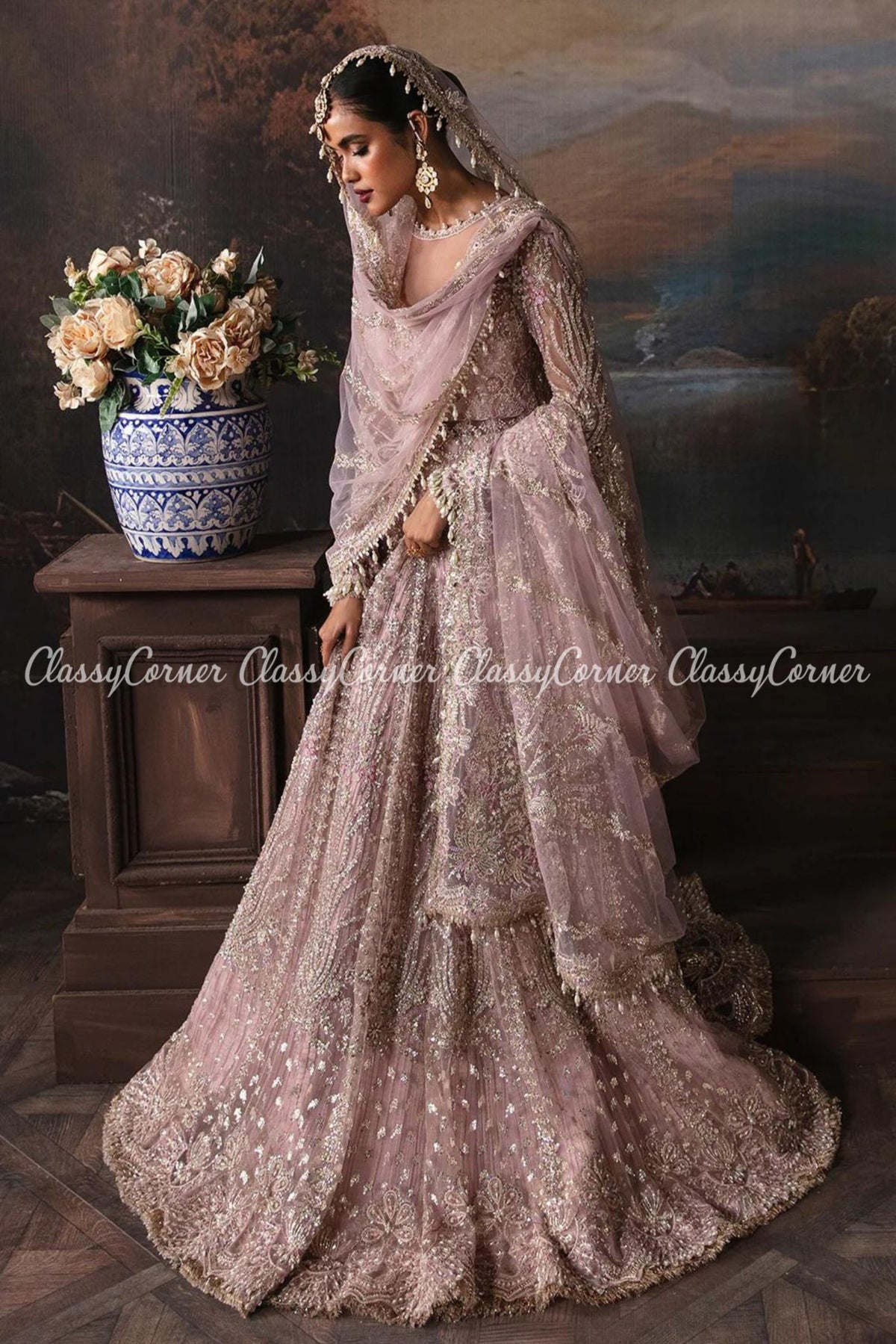 Lilac Golden Net Embellished Wedding Wear Gown