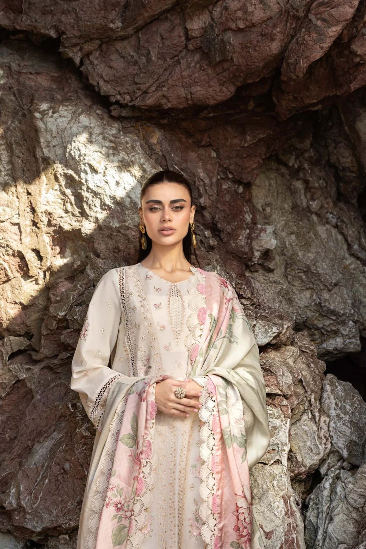 Cream Pink Readymade Lawn Suit