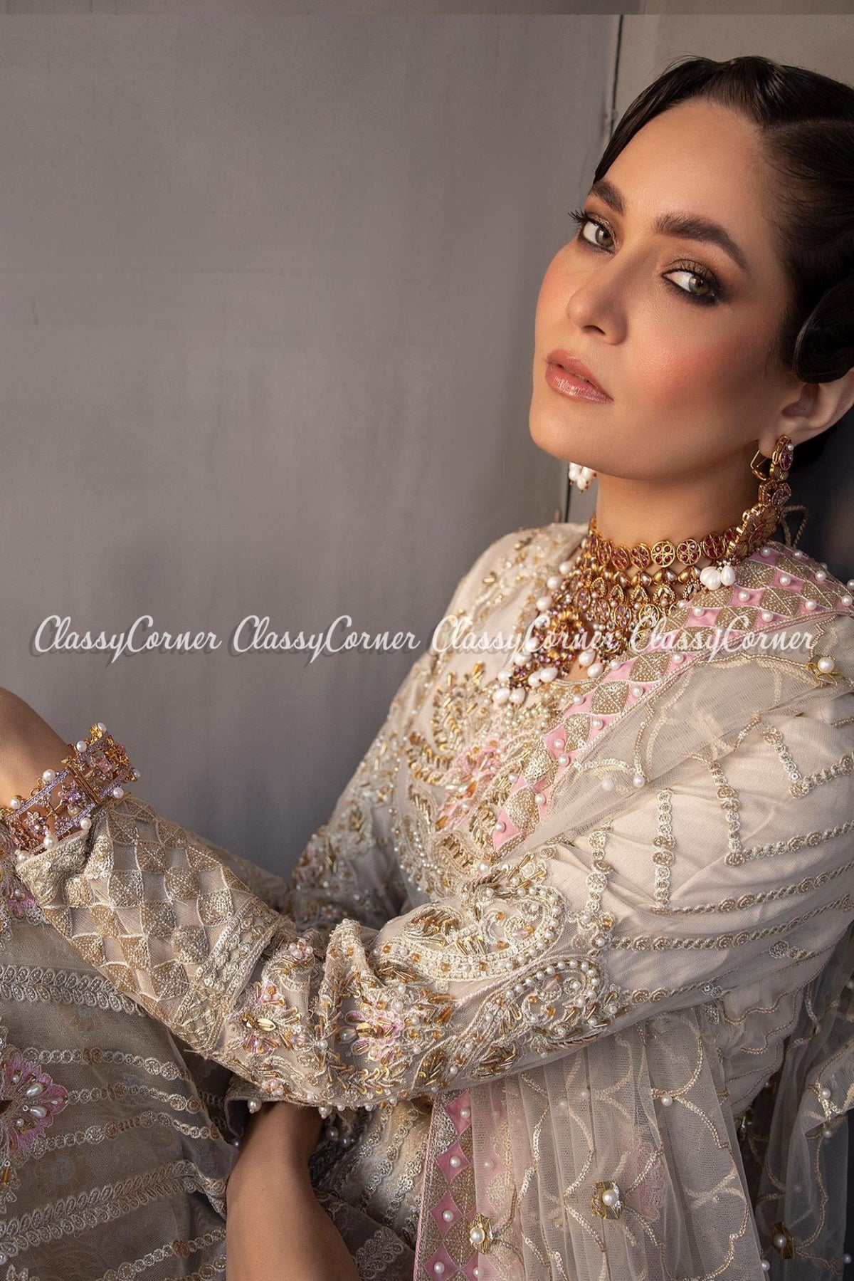 Cream Pink Net Embroidered Bridal Wear Gown