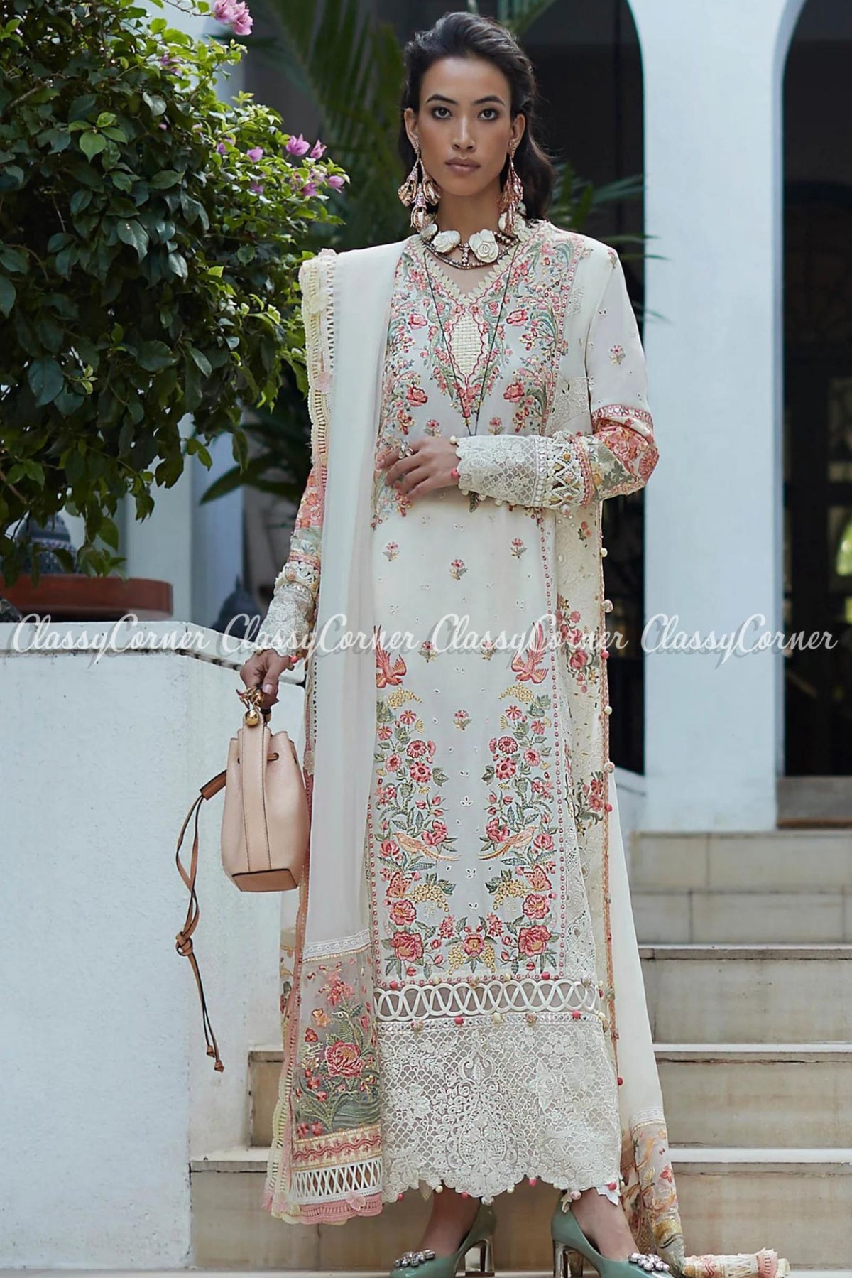 Cream White Pink Embroidered Lawn Salwar Kameez