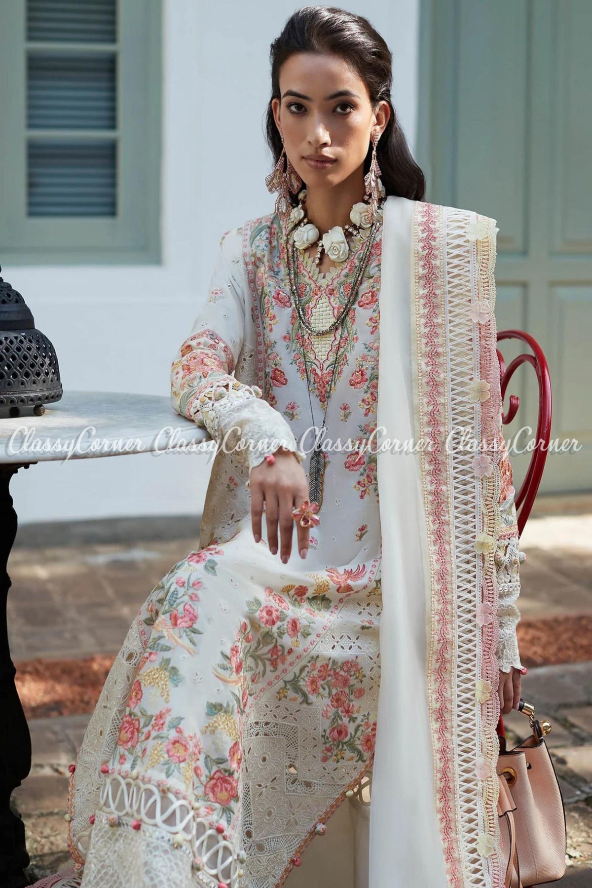 Cream White Pink Embroidered Lawn Salwar Kameez