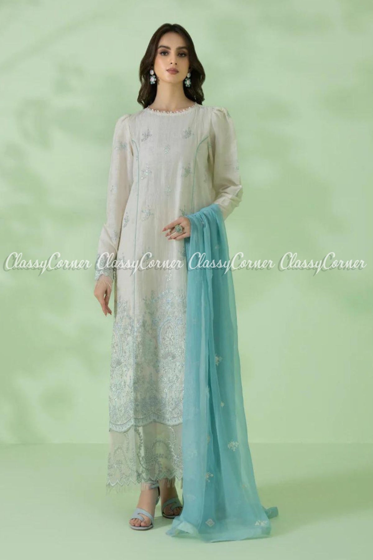 Cream White Aqua Cotton Embroidered Formal Salwar Kameez