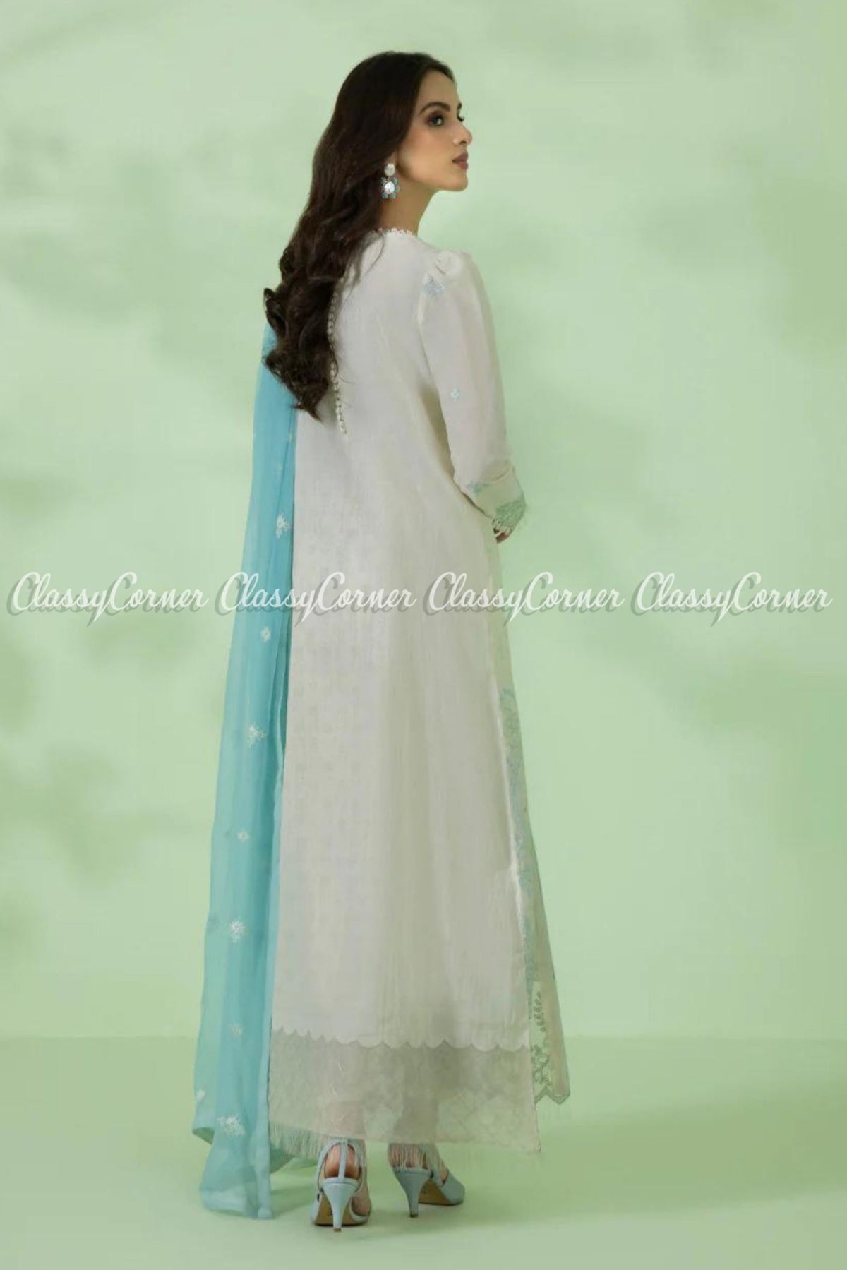 Cream White Aqua Cotton Embroidered Formal Salwar Kameez