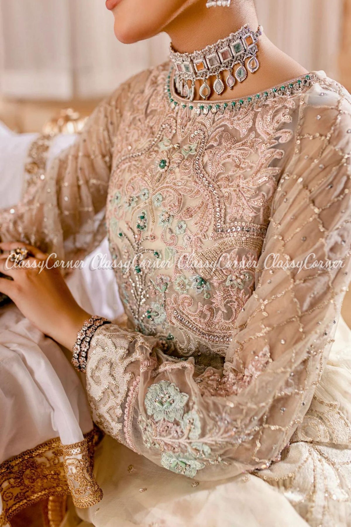 Cream White Multi Organza Embroidered Sharara Dress