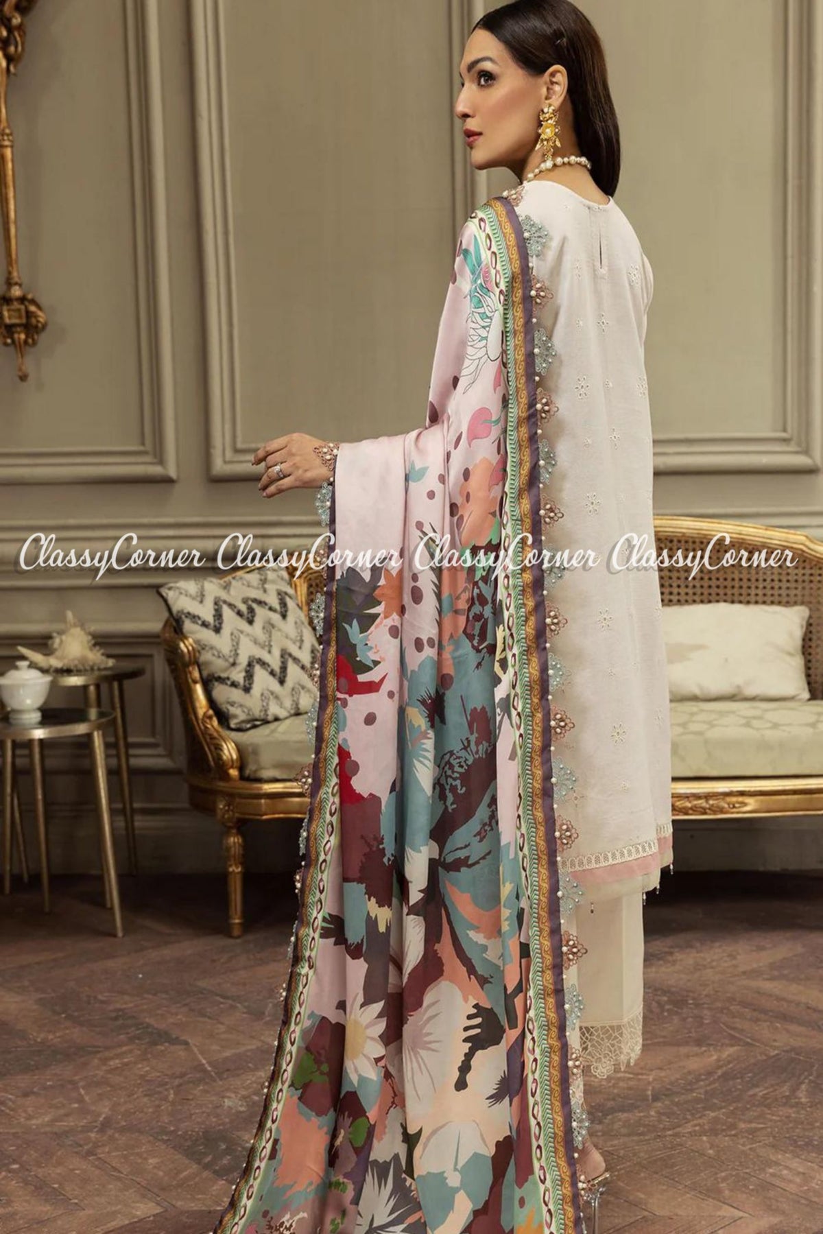 Cream White Multi Color Lawn Embroidered Salwar Kameez