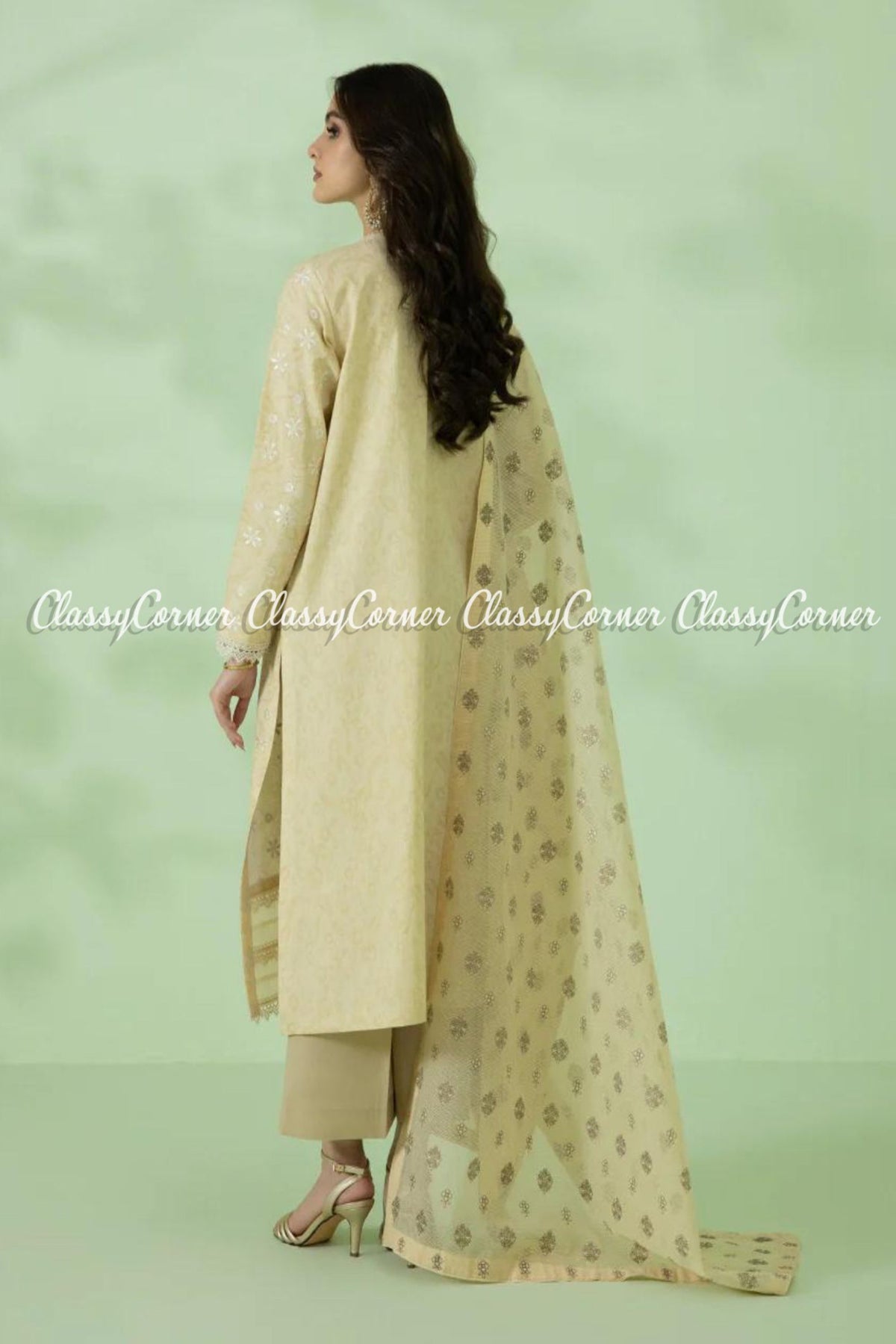 Light Yellow Cream Lawn Embroidered Pakistani Salwar Kameez