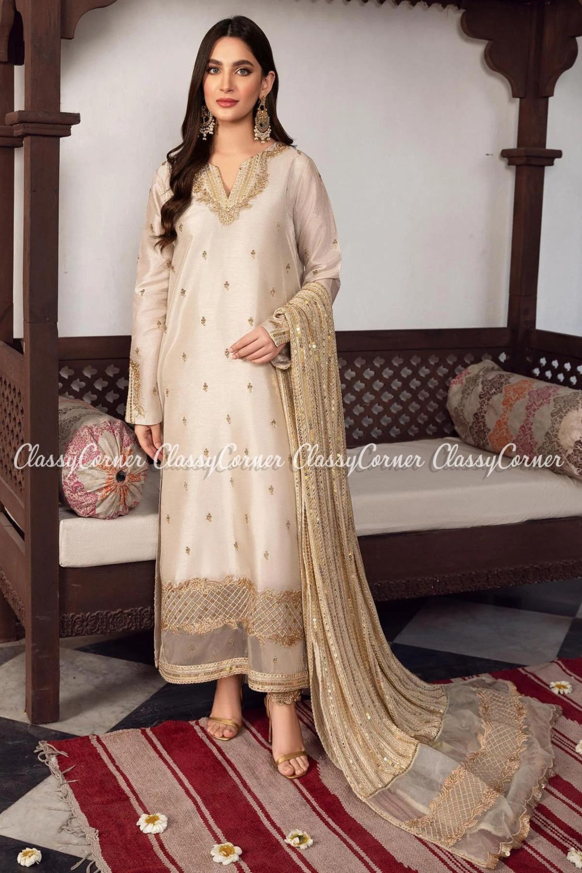 Cream White Silk Pakistani Party Wear Salwar Kameez