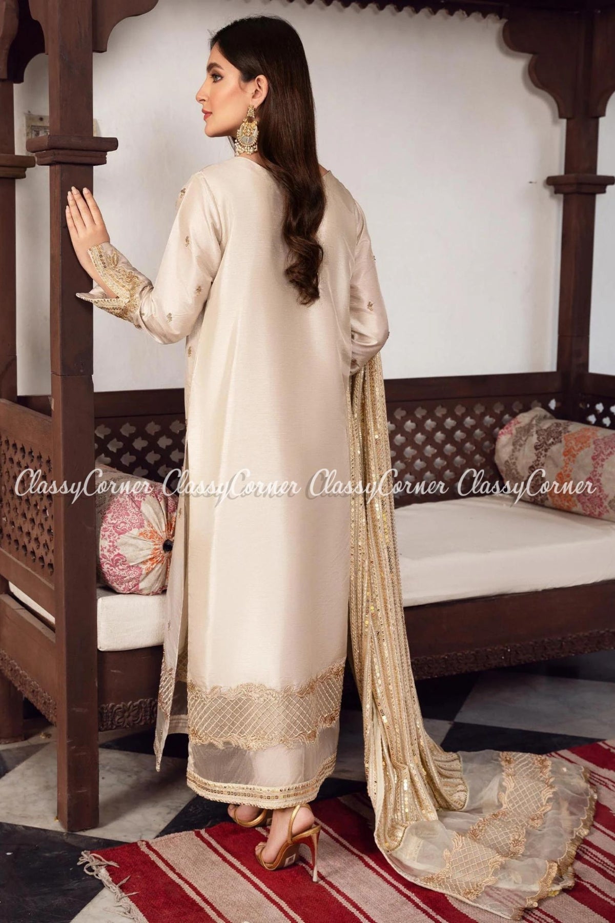 Cream White Silk Pakistani Party Wear Salwar Kameez