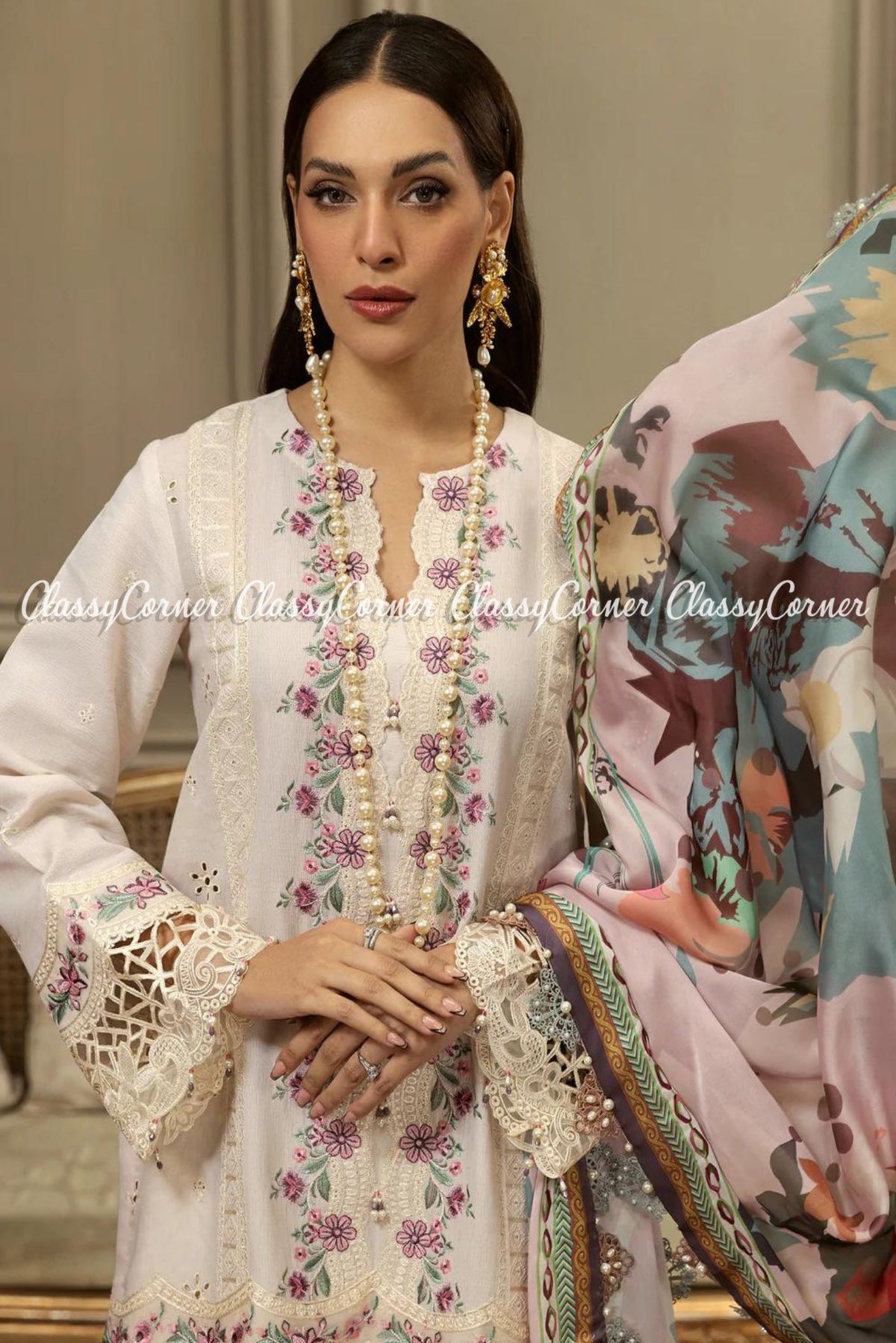 Cream White Multi Color Lawn Embroidered Salwar Kameez