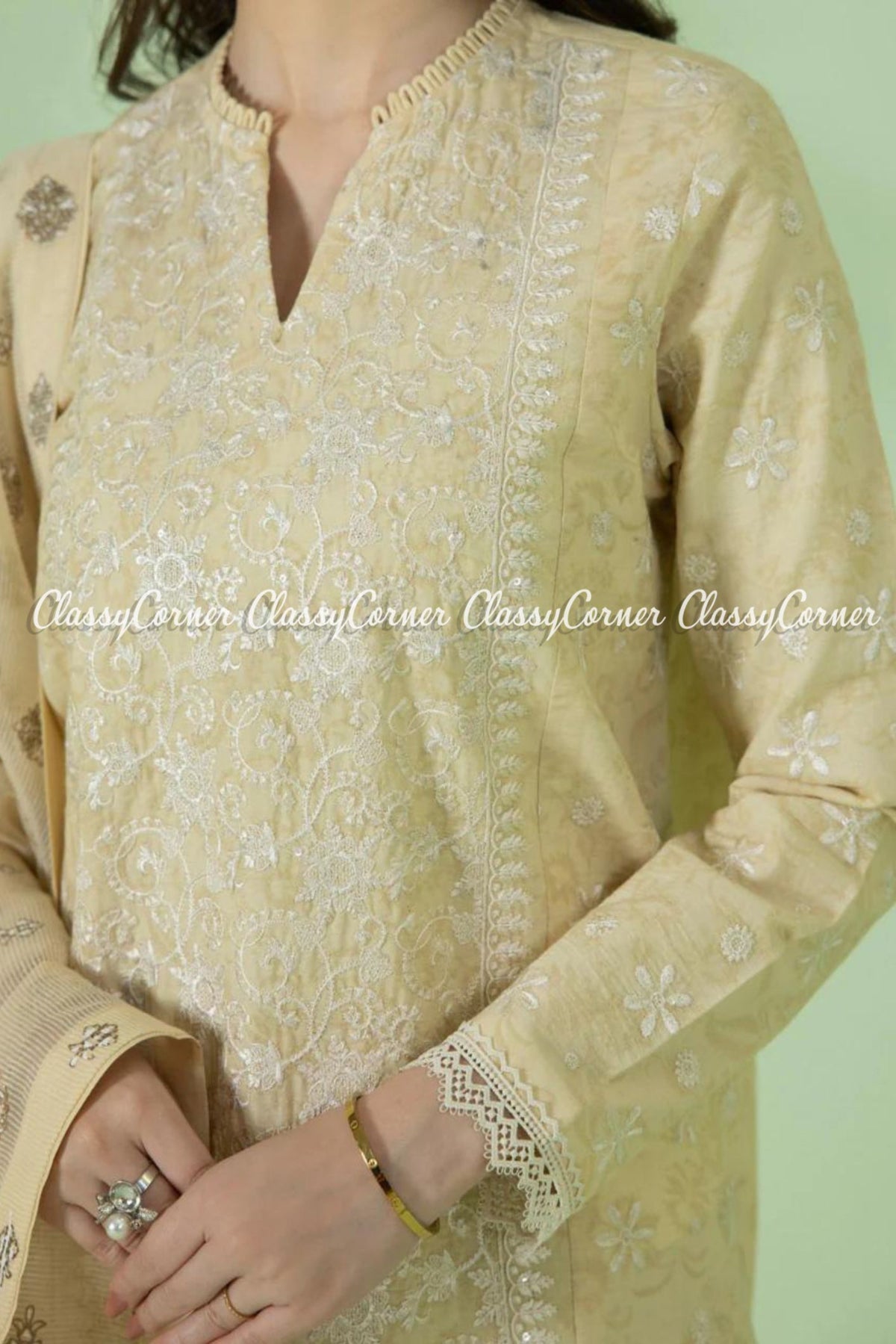 Light Yellow Cream Lawn Embroidered Pakistani Salwar Kameez