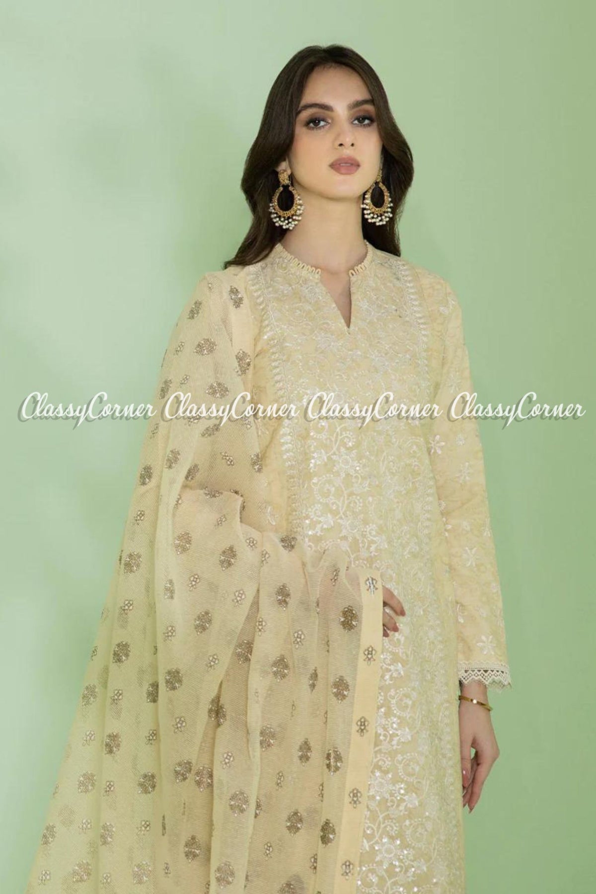 Light Yellow Cream Lawn Embroidered Pakistani Salwar Kameez