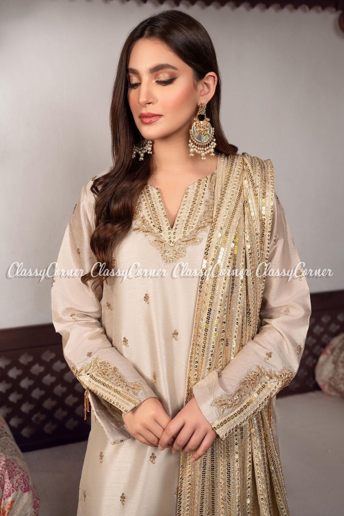 Cream White Silk Pakistani Party Wear Salwar Kameez