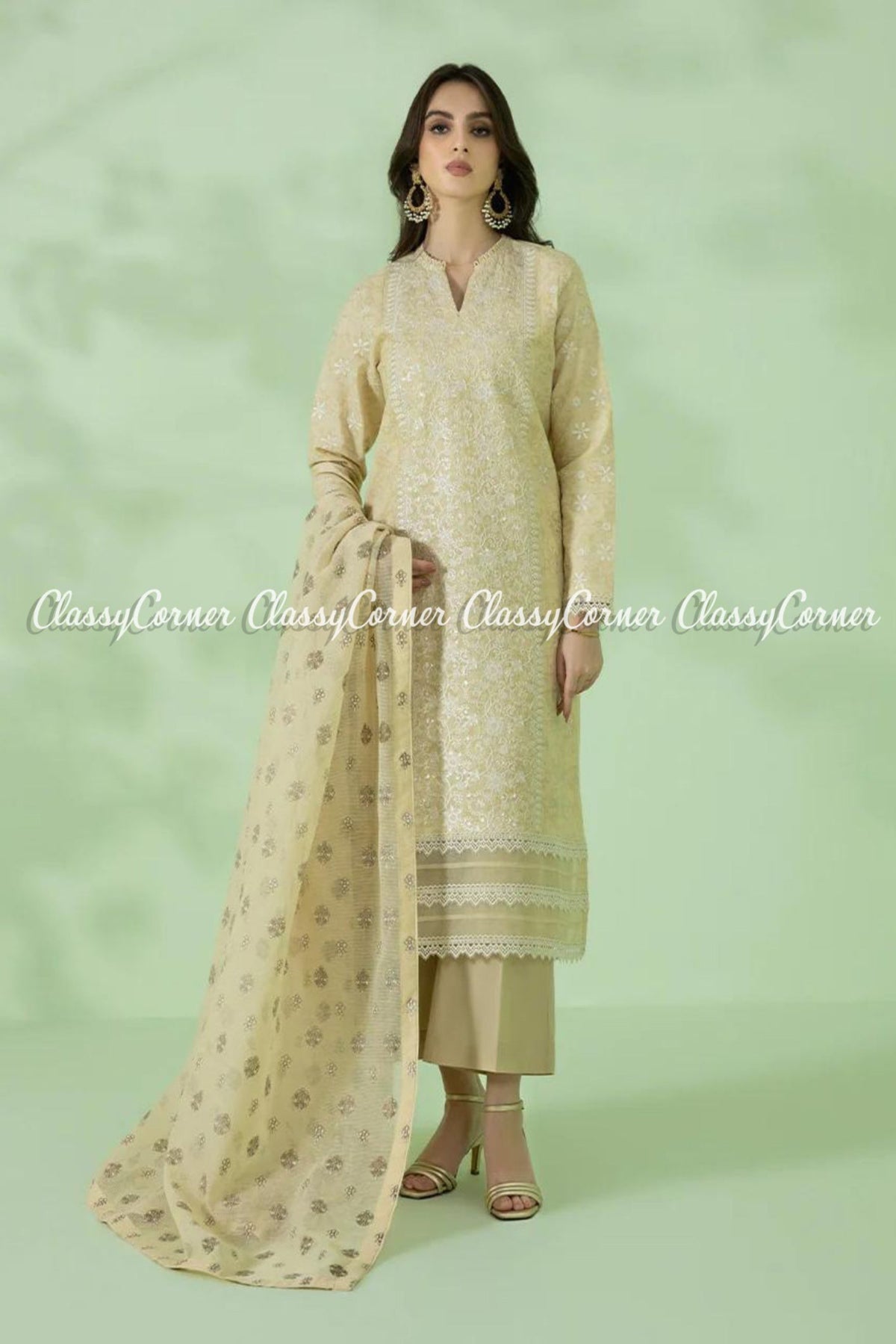 Light Yellow Cream Lawn Embroidered Pakistani Salwar Kameez