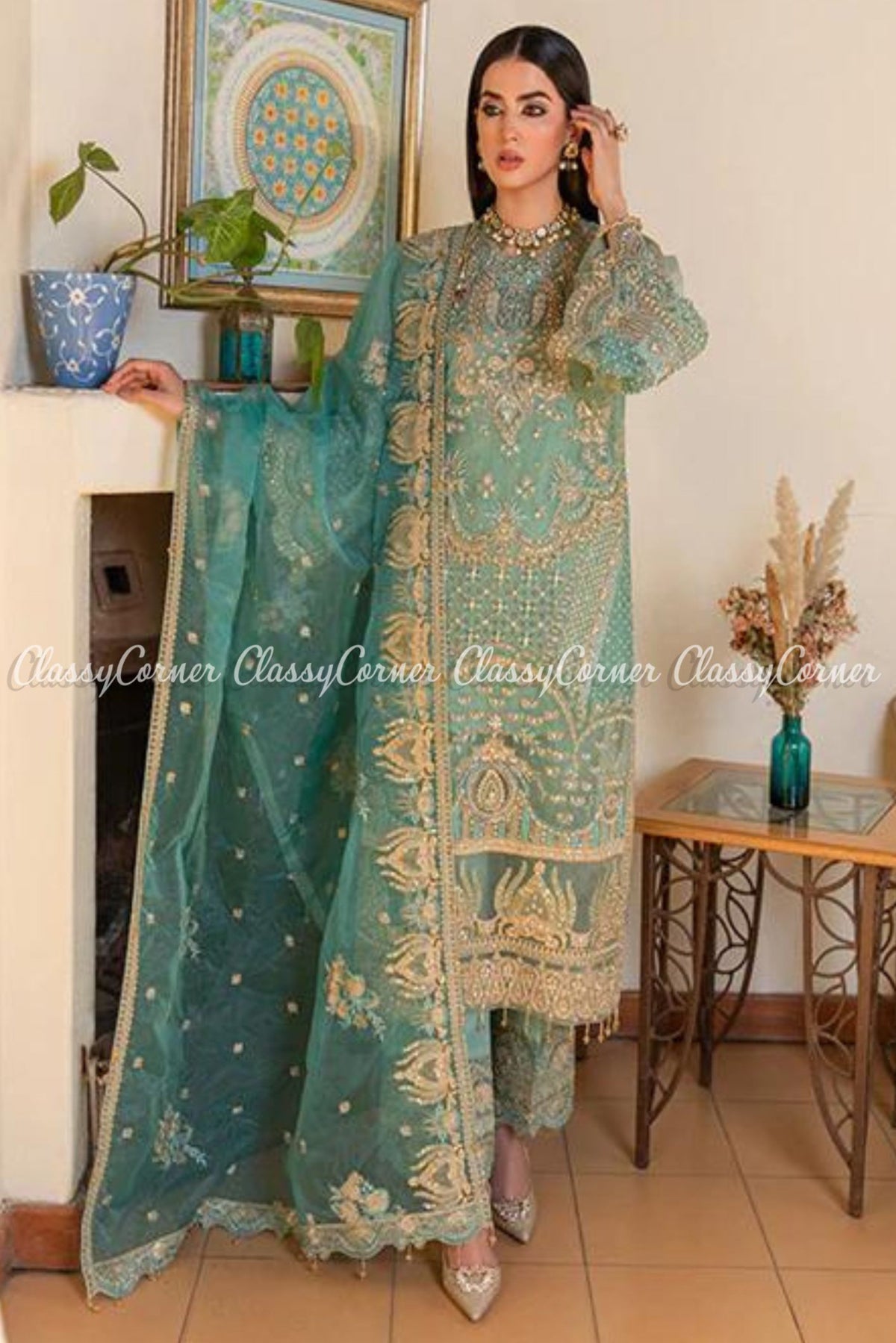 Pakistani Cyan Blue Golden Organza Embroidered Salwar Kameez