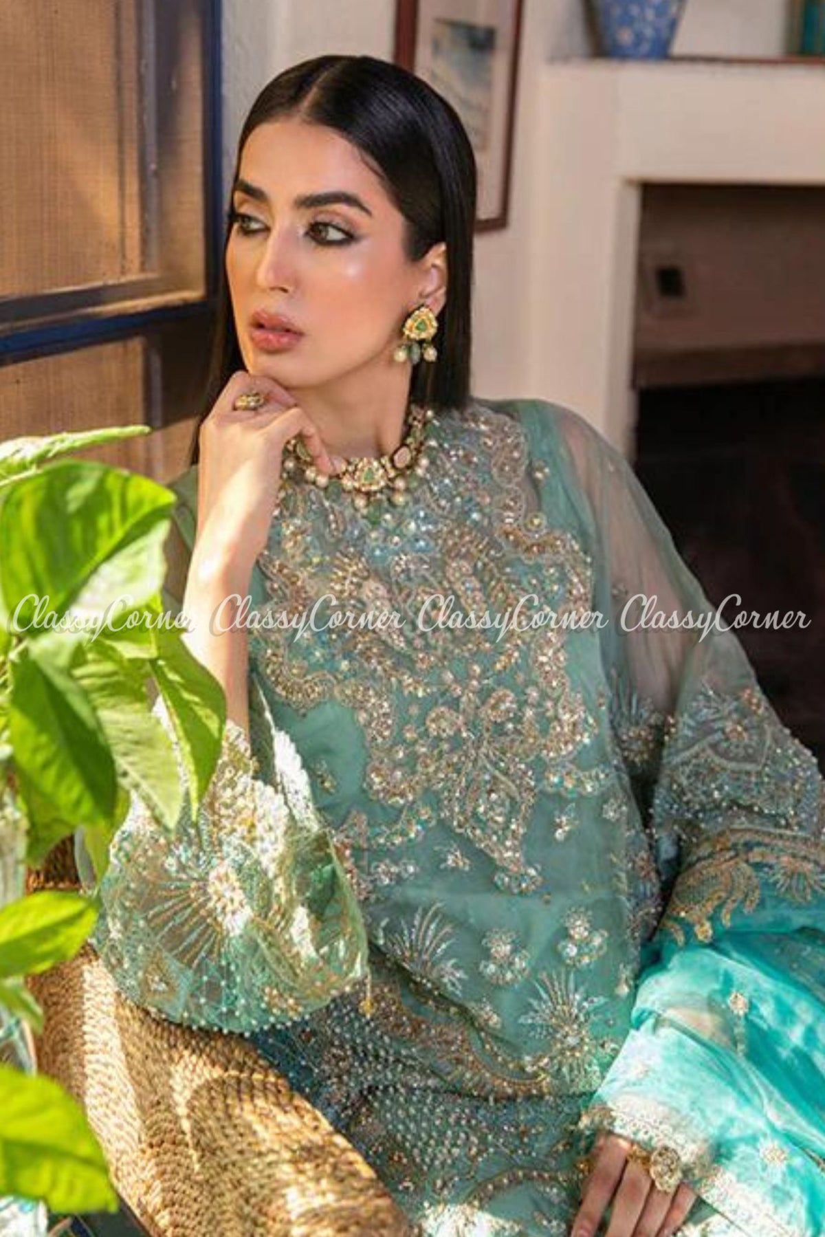 Pakistani Cyan Blue Golden Organza Embroidered Salwar Kameez