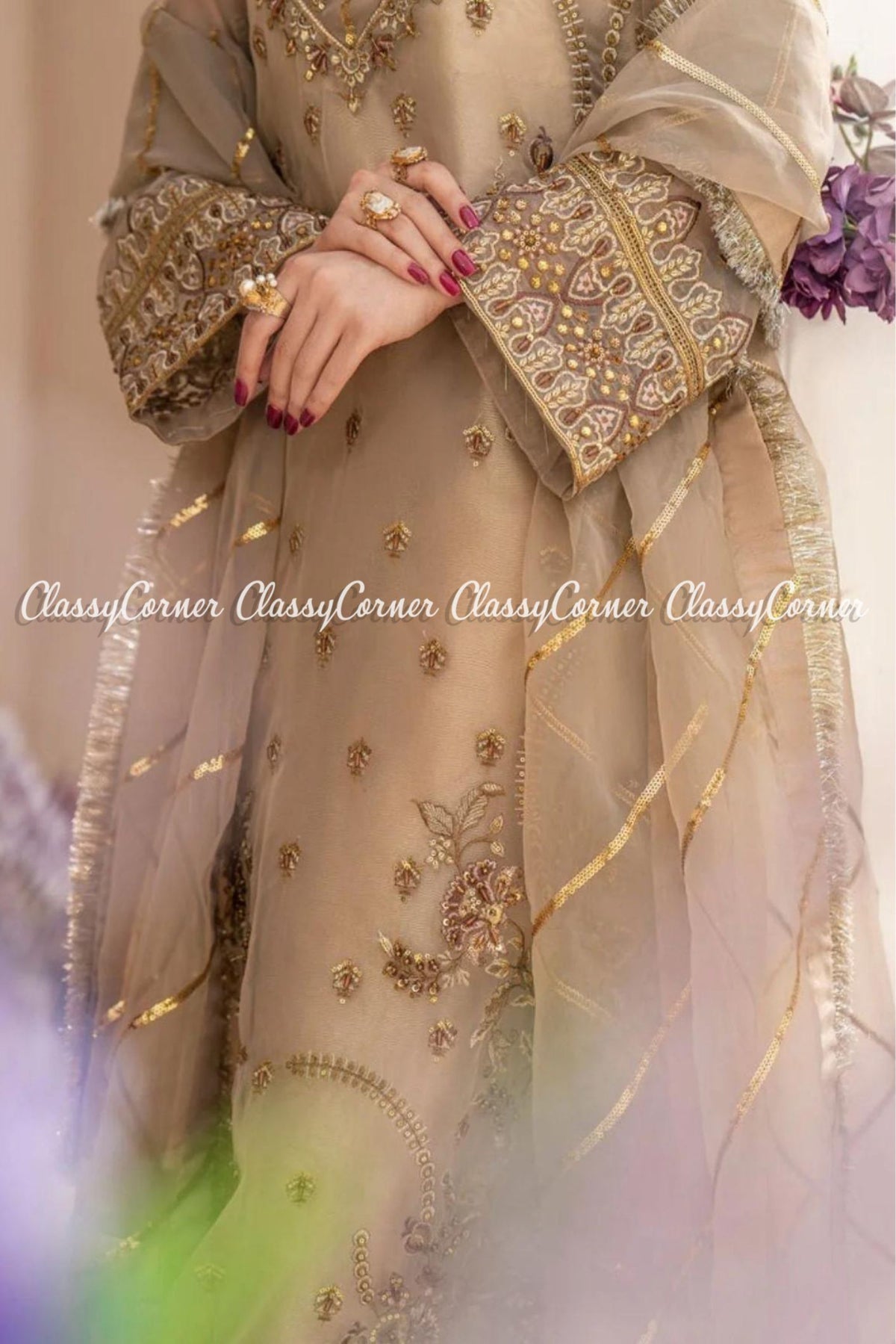 Dark Beige Organza Embroidered Formal Wear Outfit