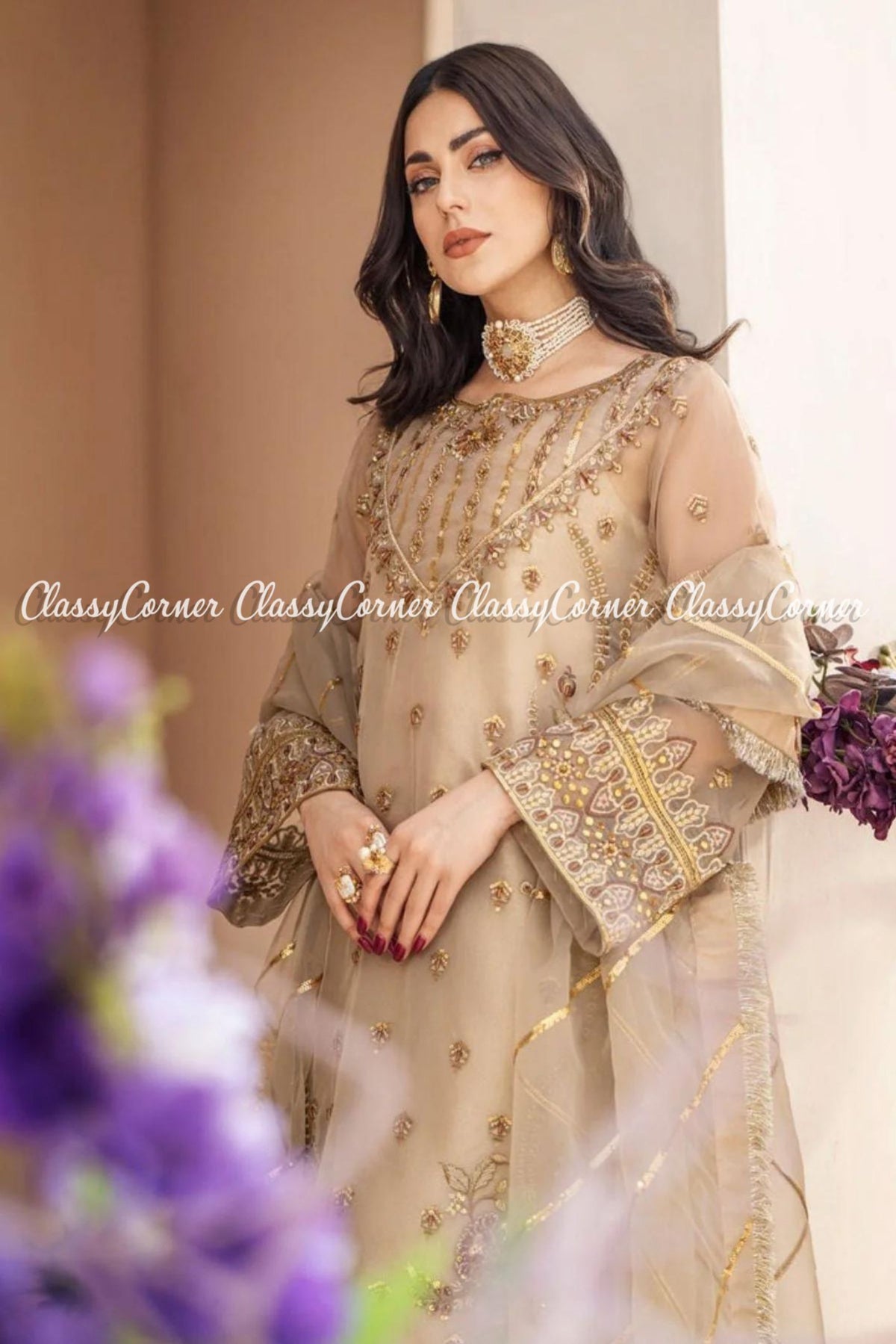 Dark Beige Organza Embroidered Formal Wear Outfit