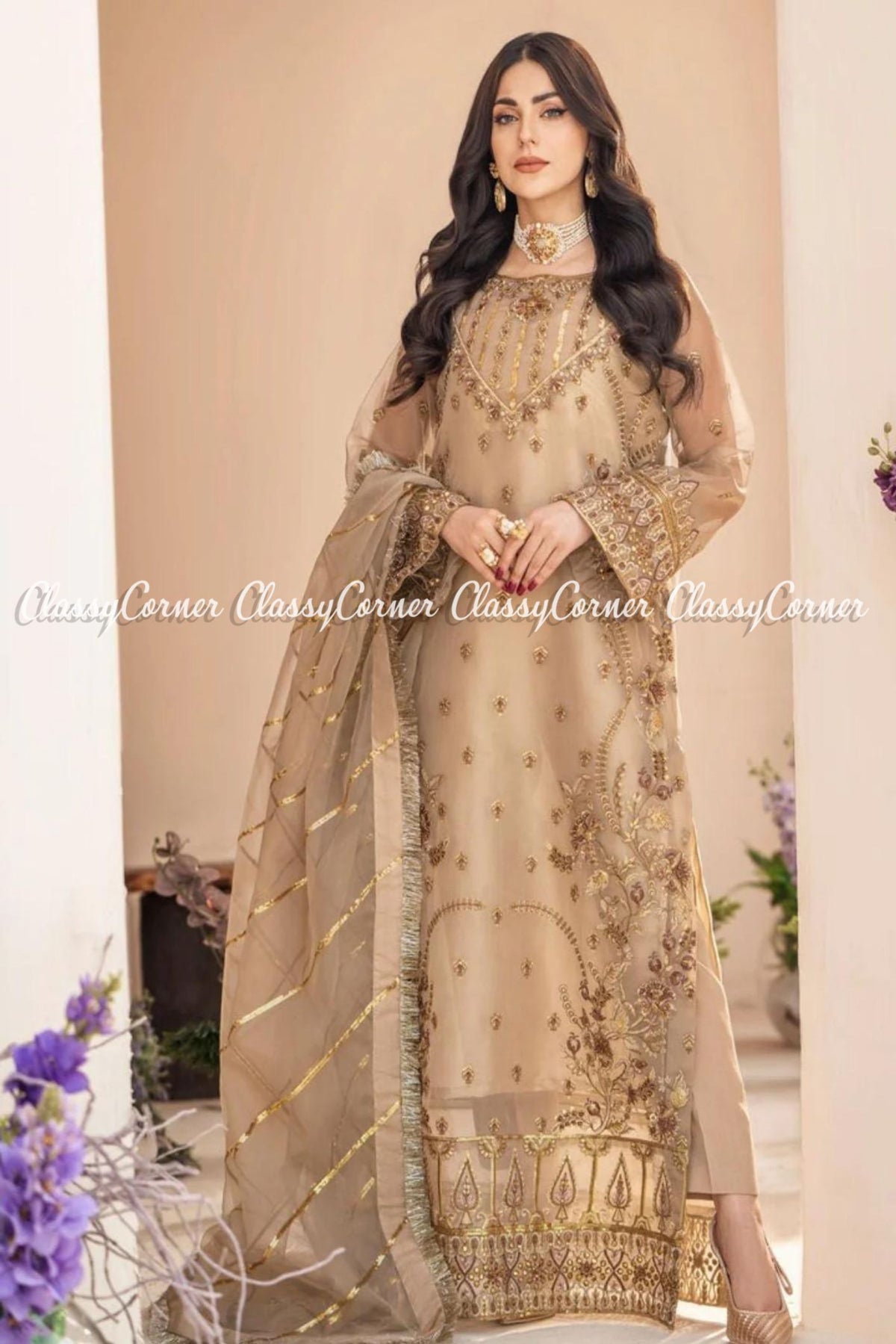 Dark Beige Organza Embroidered Formal Wear Outfit