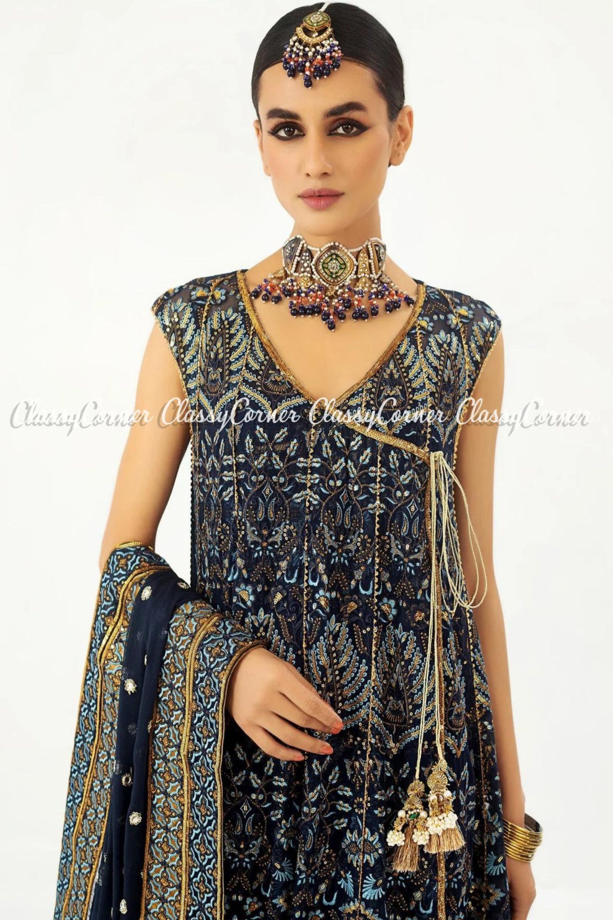 Dark Blue Golden Chiffon Embroidered Angrakha Style Gown