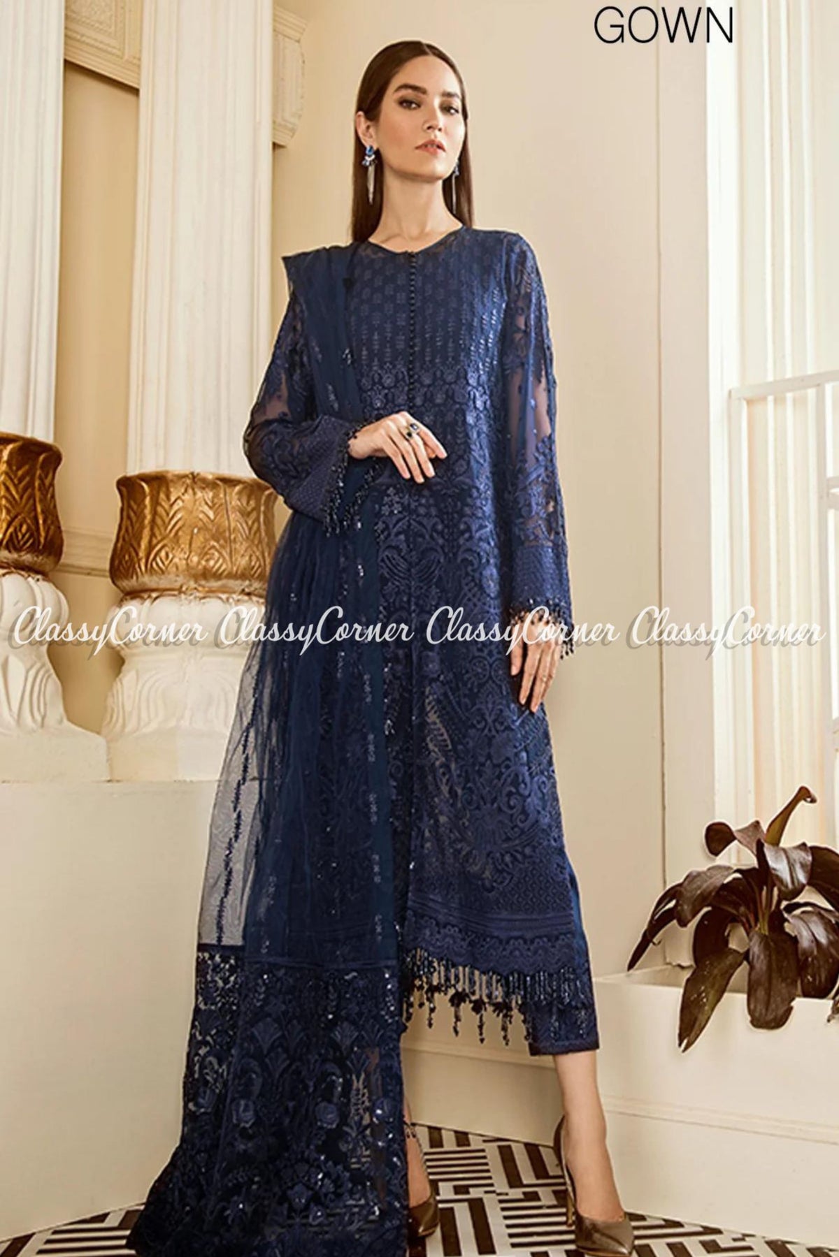 Dark Blue Chiffon Embroidered Party Wear Gown Salwar Kameez