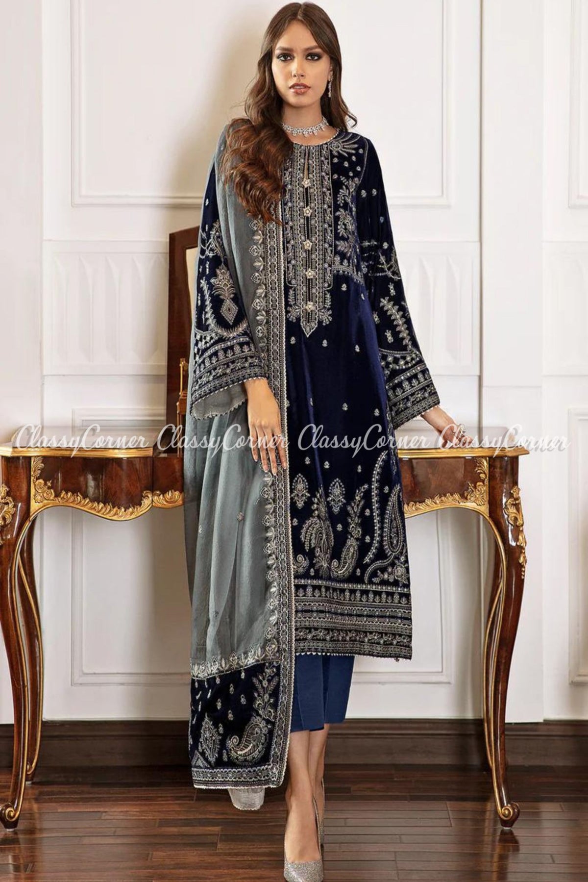 Dark Blue Grey Velvet Embroidered Wedding Wear Suit