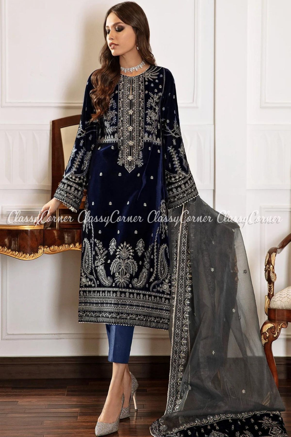 Dark Blue Grey Velvet Embroidered Wedding Wear Suit