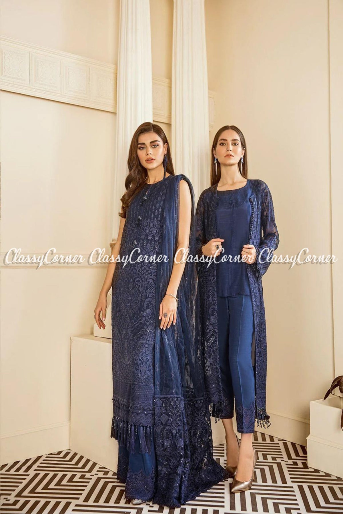 Dark Blue Chiffon Embroidered Party Wear Gown Salwar Kameez