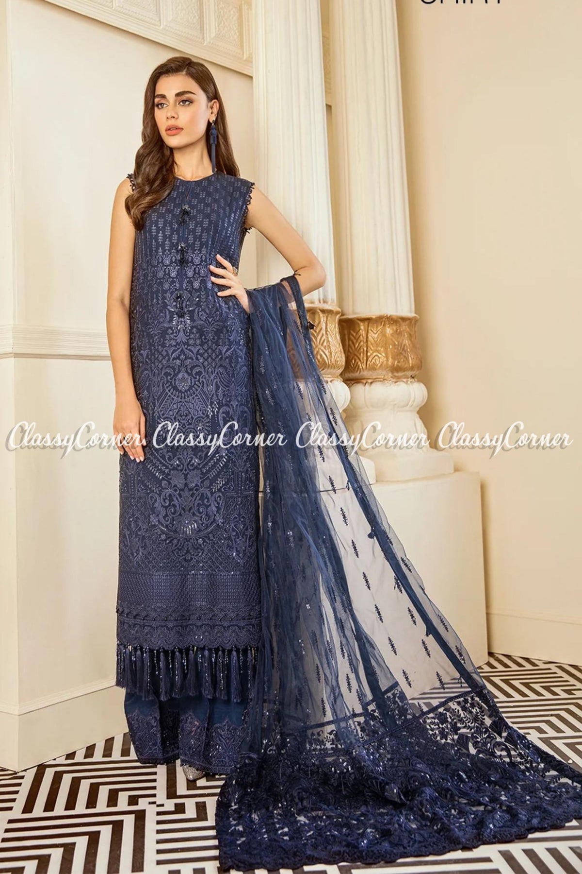 Dark Blue Chiffon Embroidered Party Wear Gown Salwar Kameez