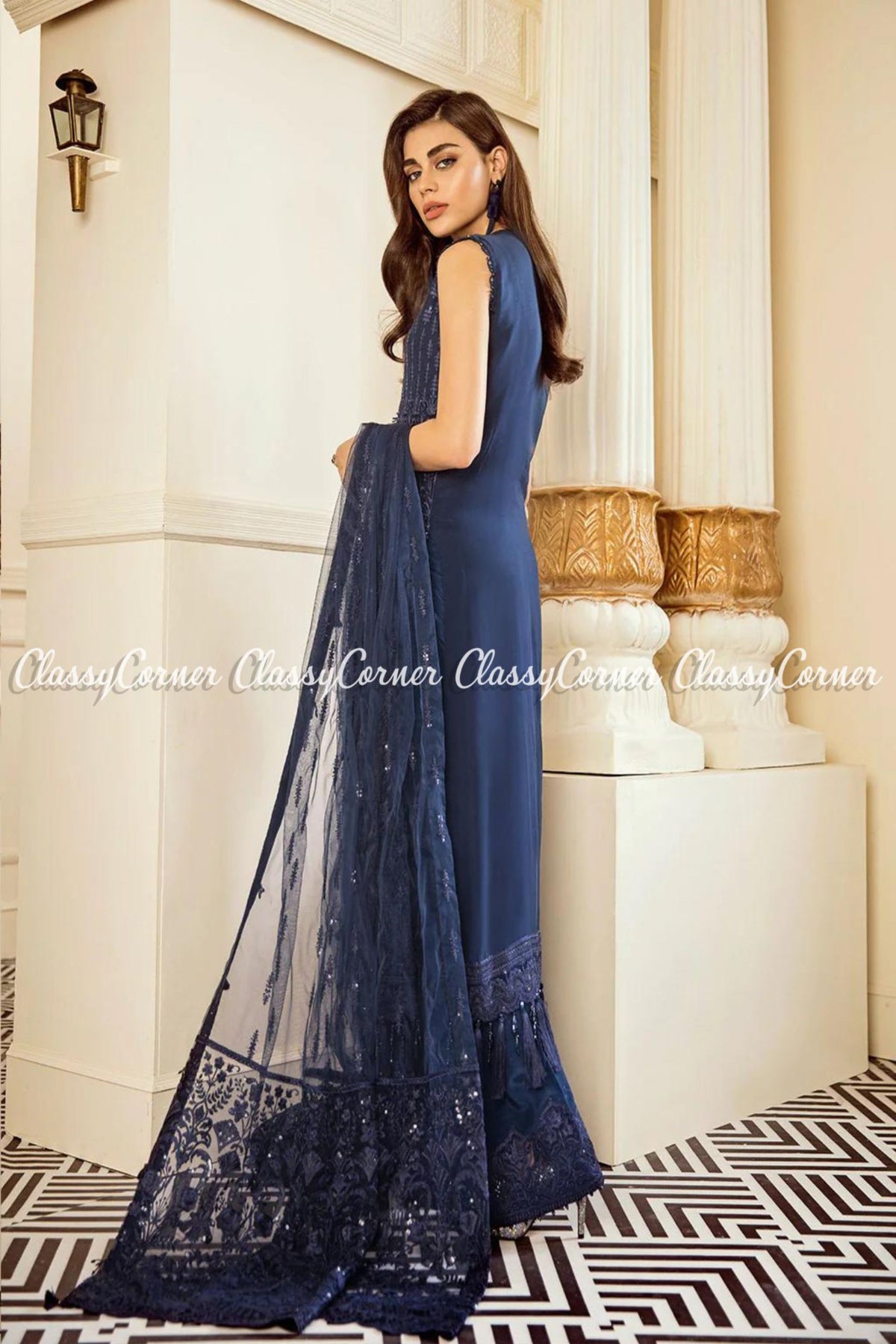 Dark Blue Chiffon Embroidered Party Wear Gown Salwar Kameez