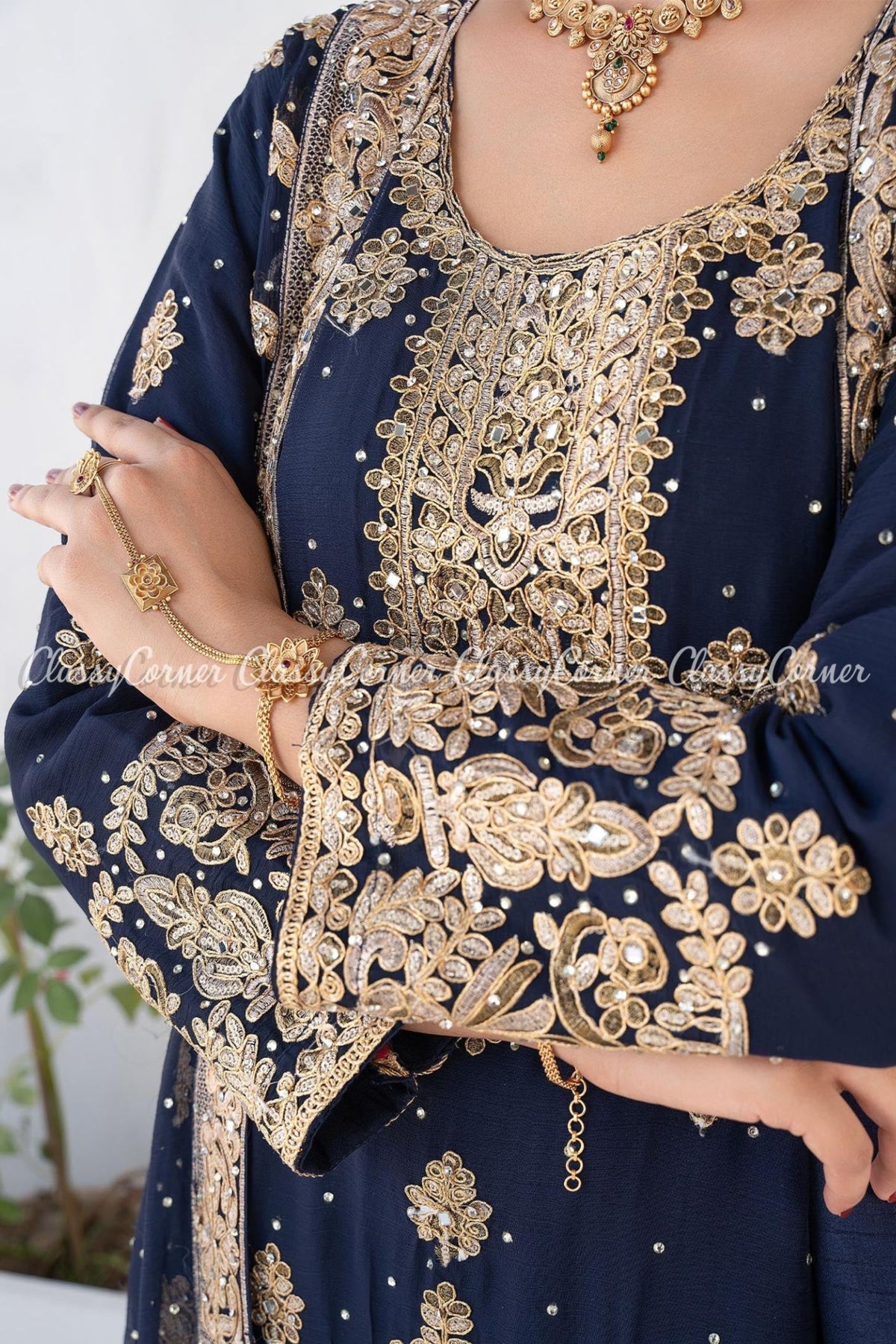 Dark Blue Golden Chiffon Embroidered Gown Style Outfit