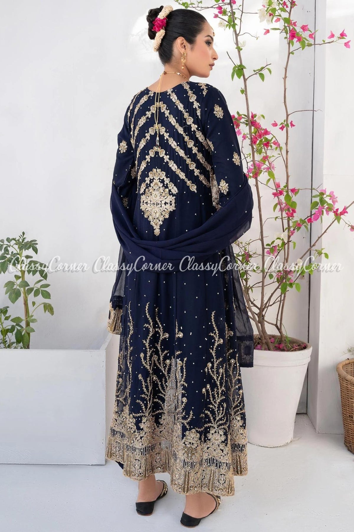 Dark Blue Golden Chiffon Embroidered Gown Style Outfit