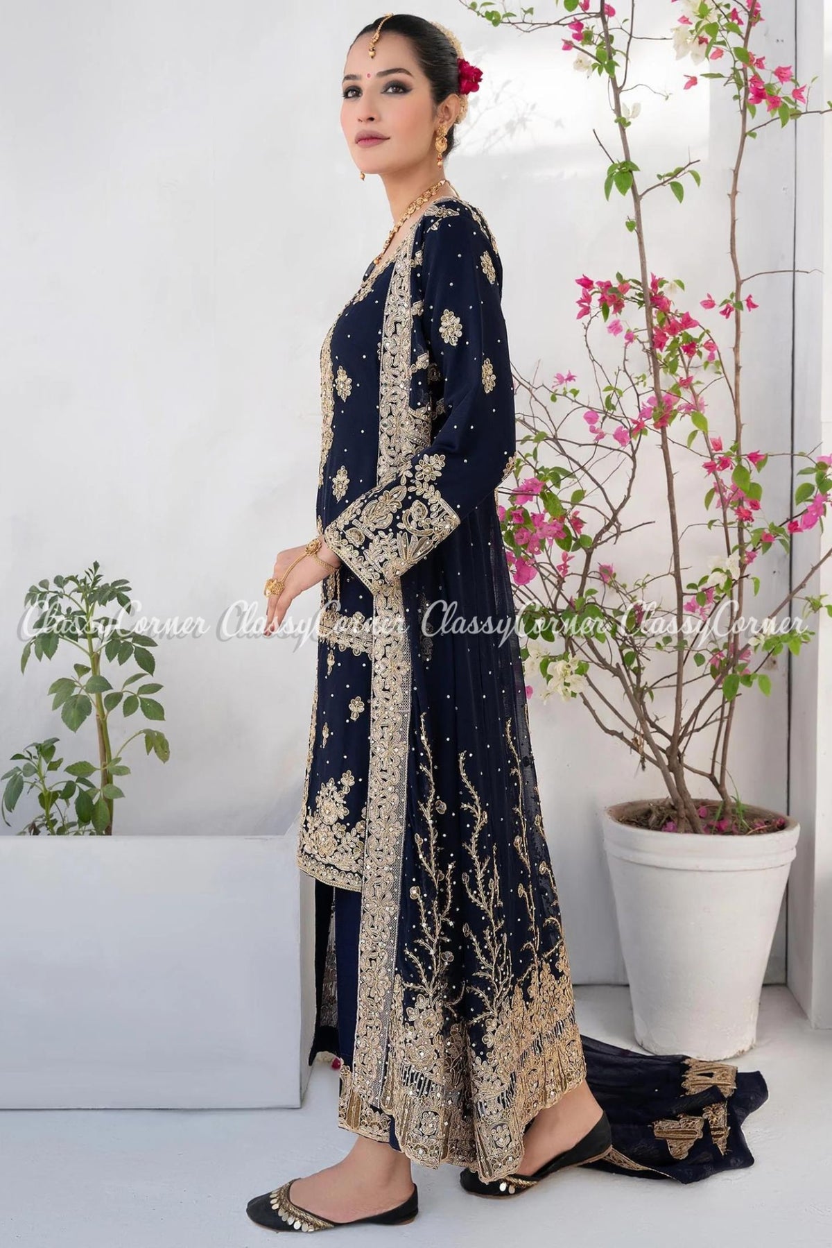 Dark Blue Golden Chiffon Embroidered Gown Style Outfit