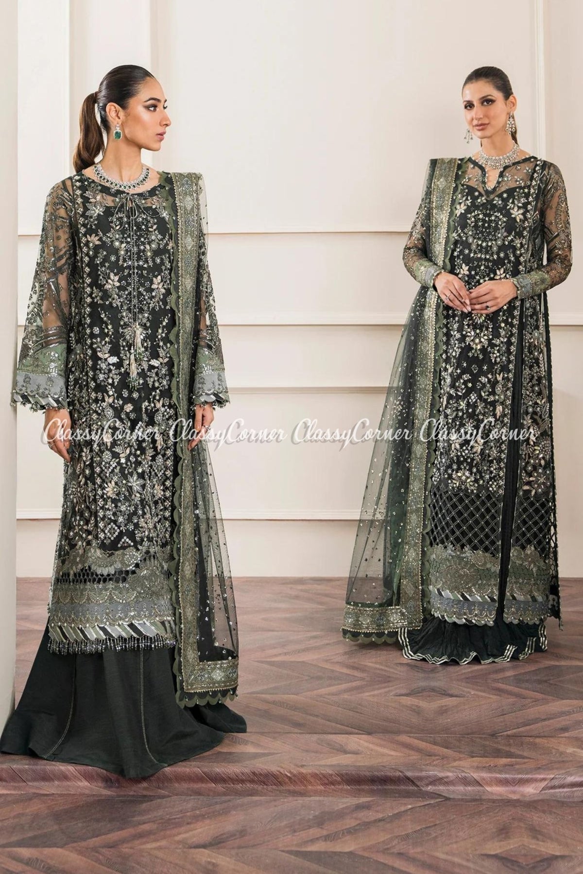 Dark Green Silver Net Embroidered Frock Sharara