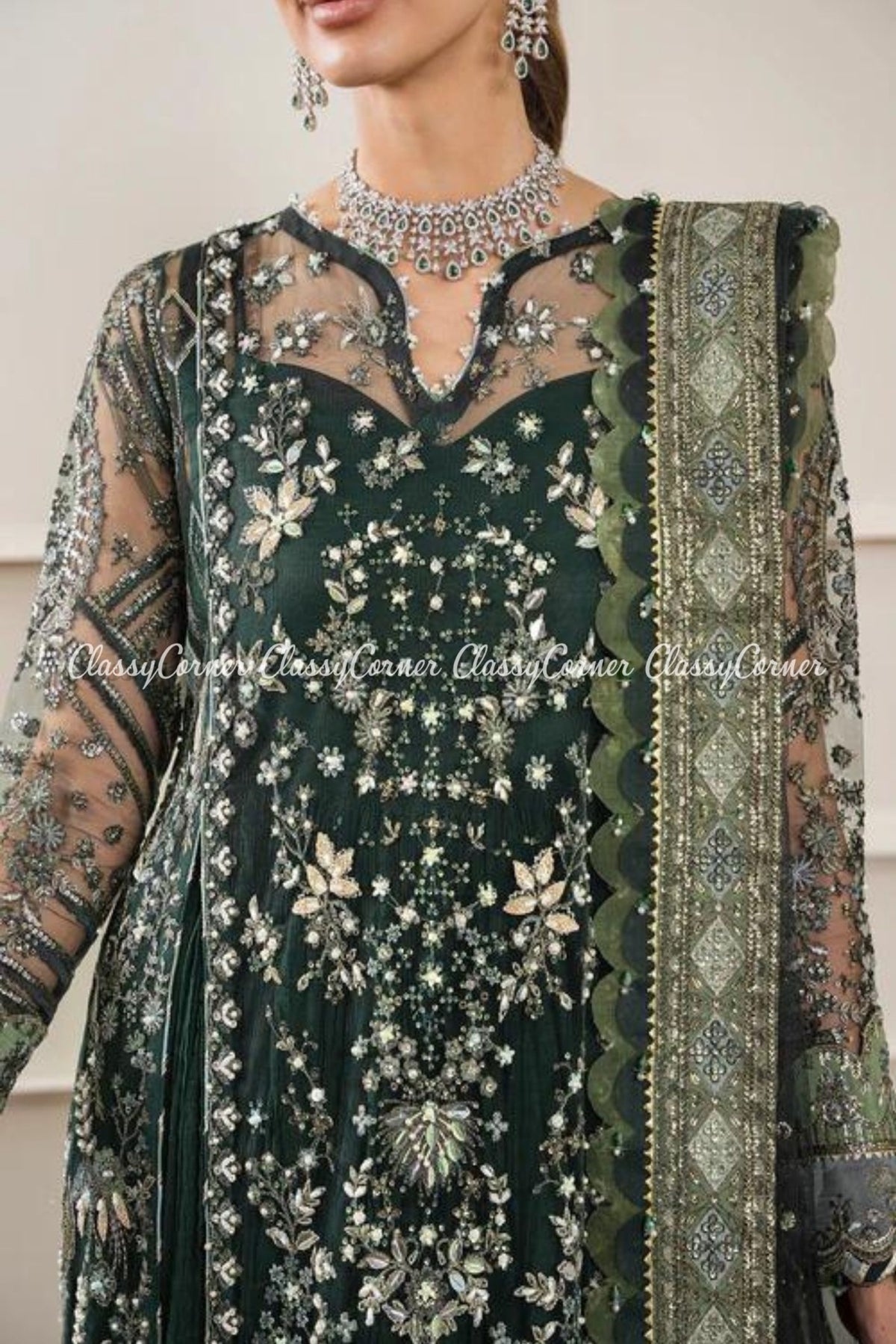 Dark Green Silver Net Embroidered Frock Sharara