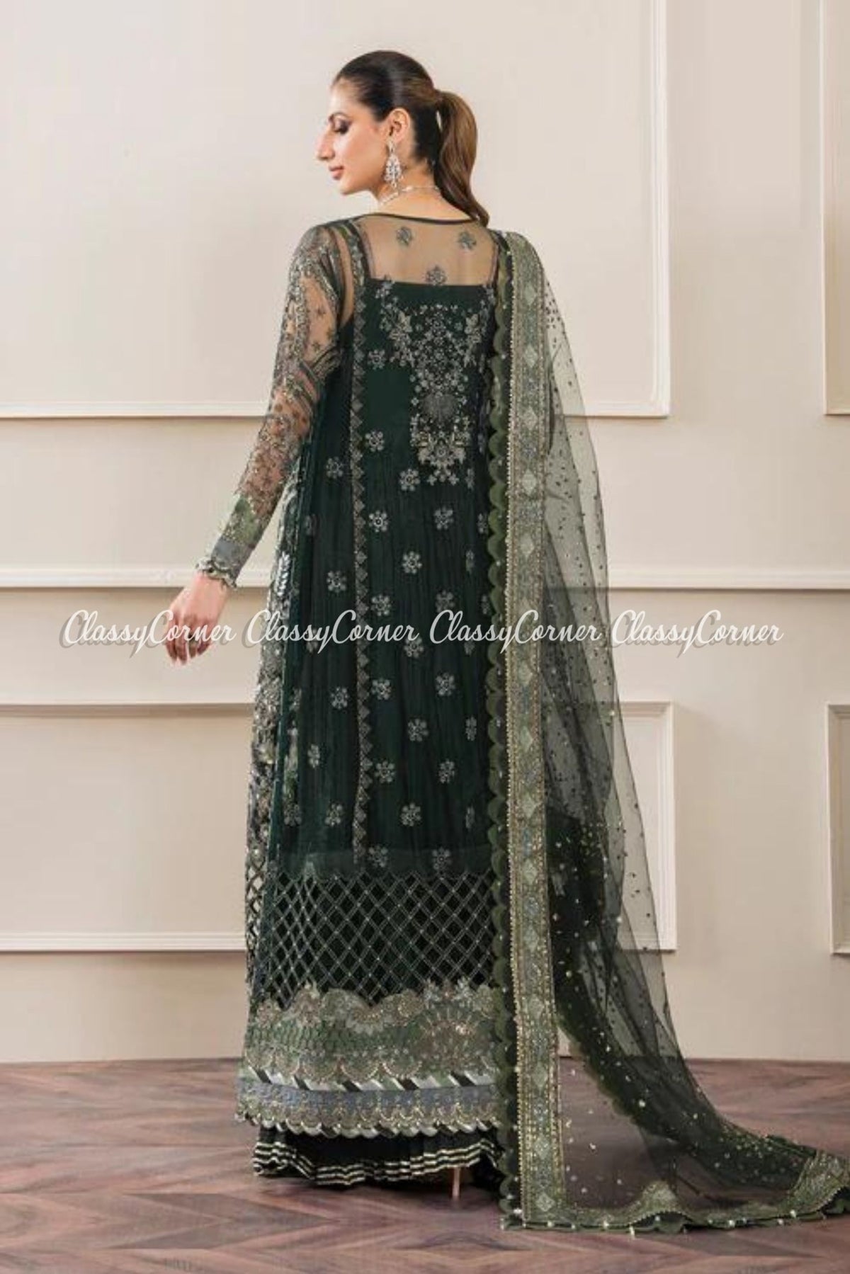 Dark Green Silver Net Embroidered Frock Sharara