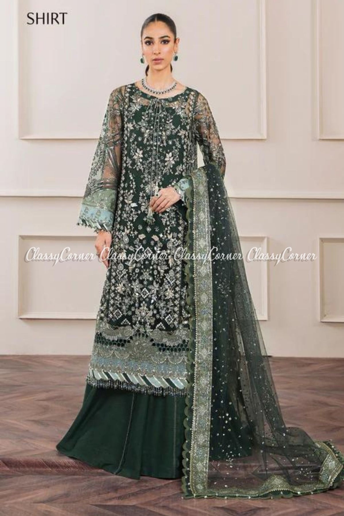 Dark Green Silver Net Embroidered Frock Sharara