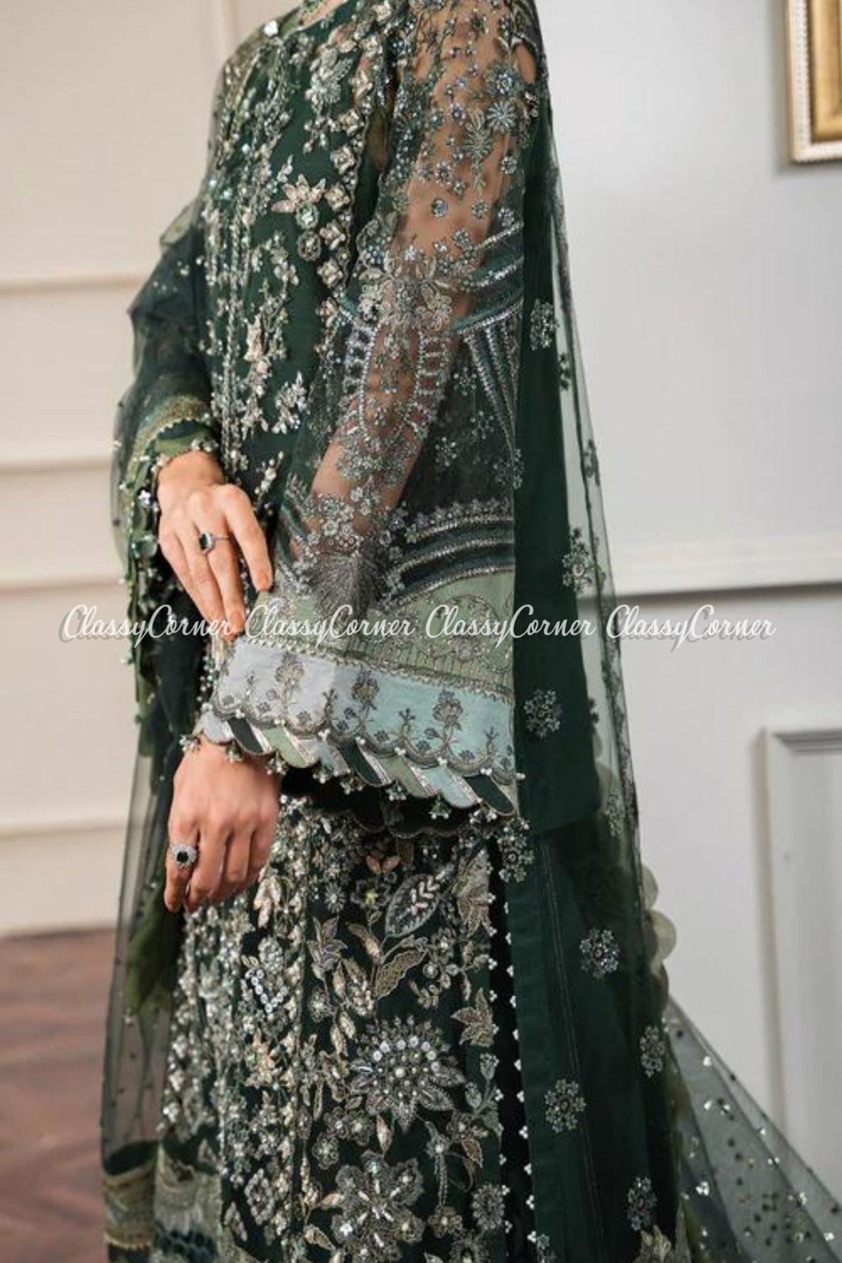 Dark Green Silver Net Embroidered Frock Sharara